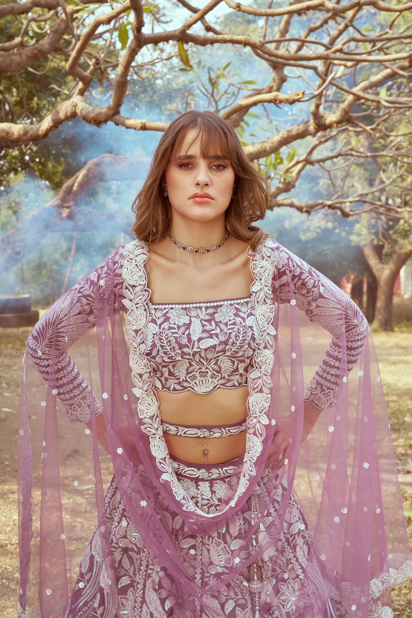 Lavender Pure Satin Sequins embroidery Bridal Lehenga