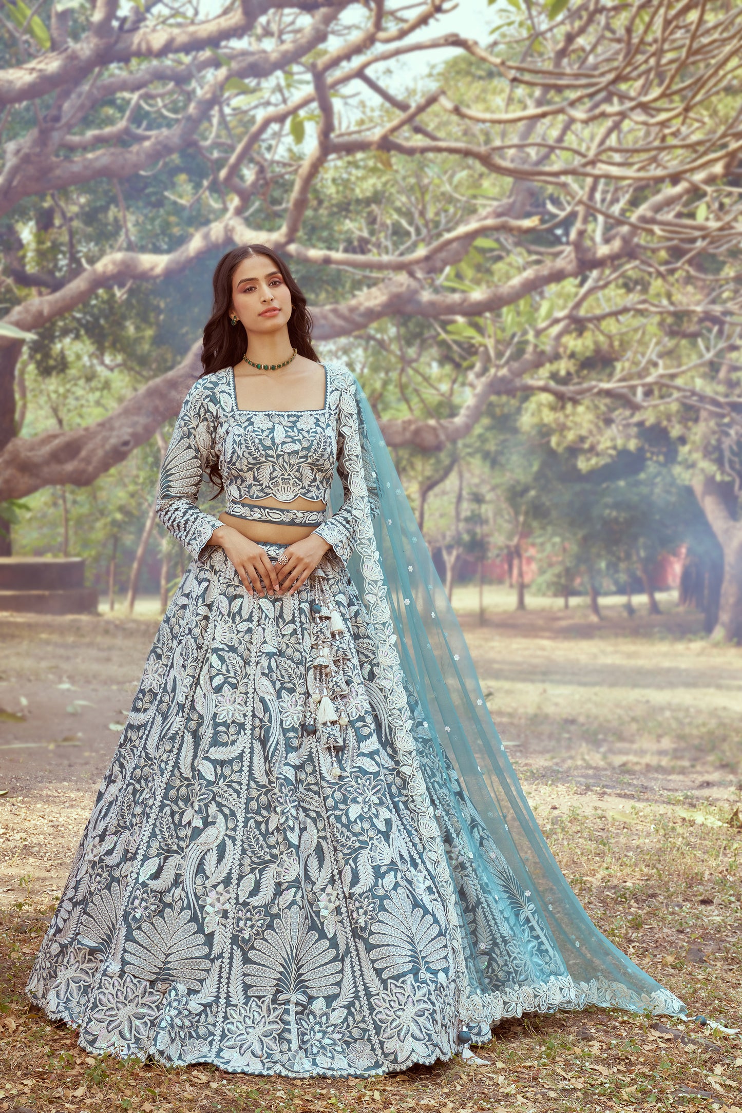 Teal Pure Satin Sequins embroidery Bridal Lehenga