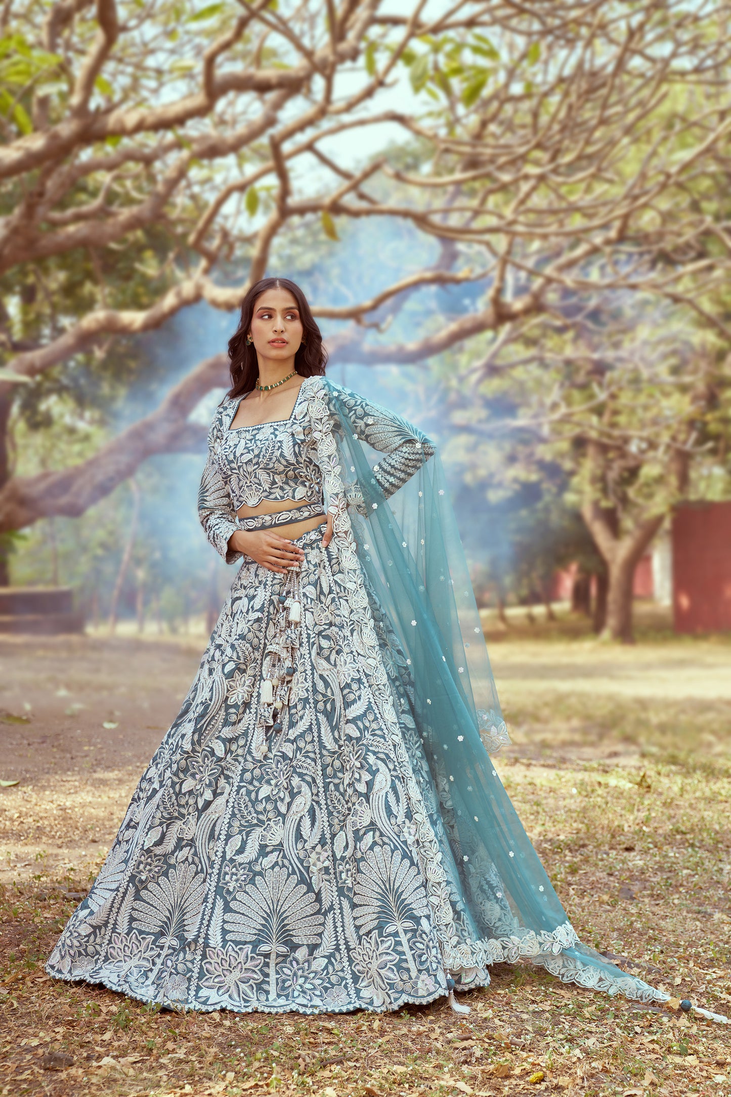 Teal Pure Satin Sequins embroidery Bridal Lehenga