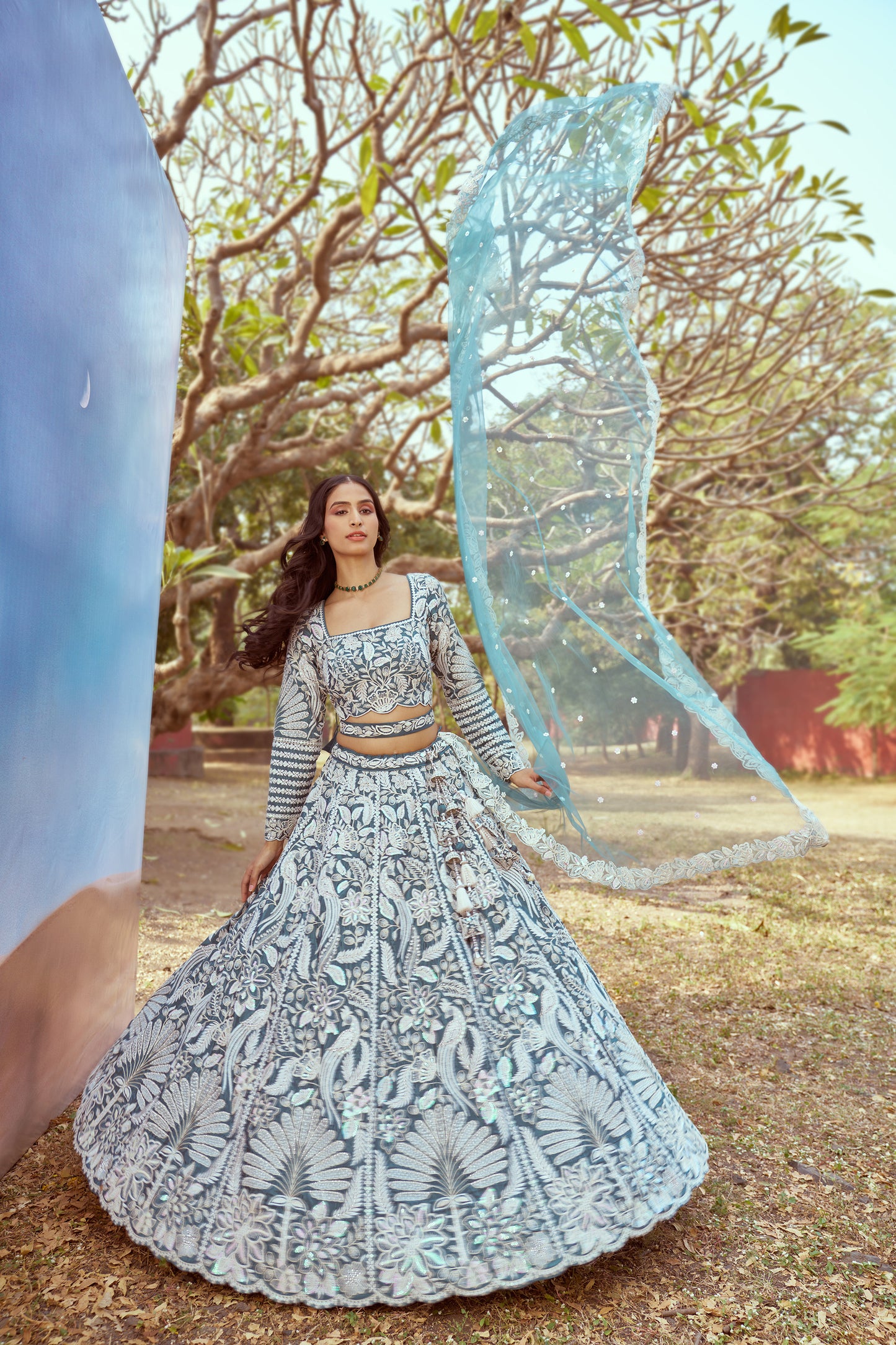 Teal Pure Satin Sequins embroidery Bridal Lehenga