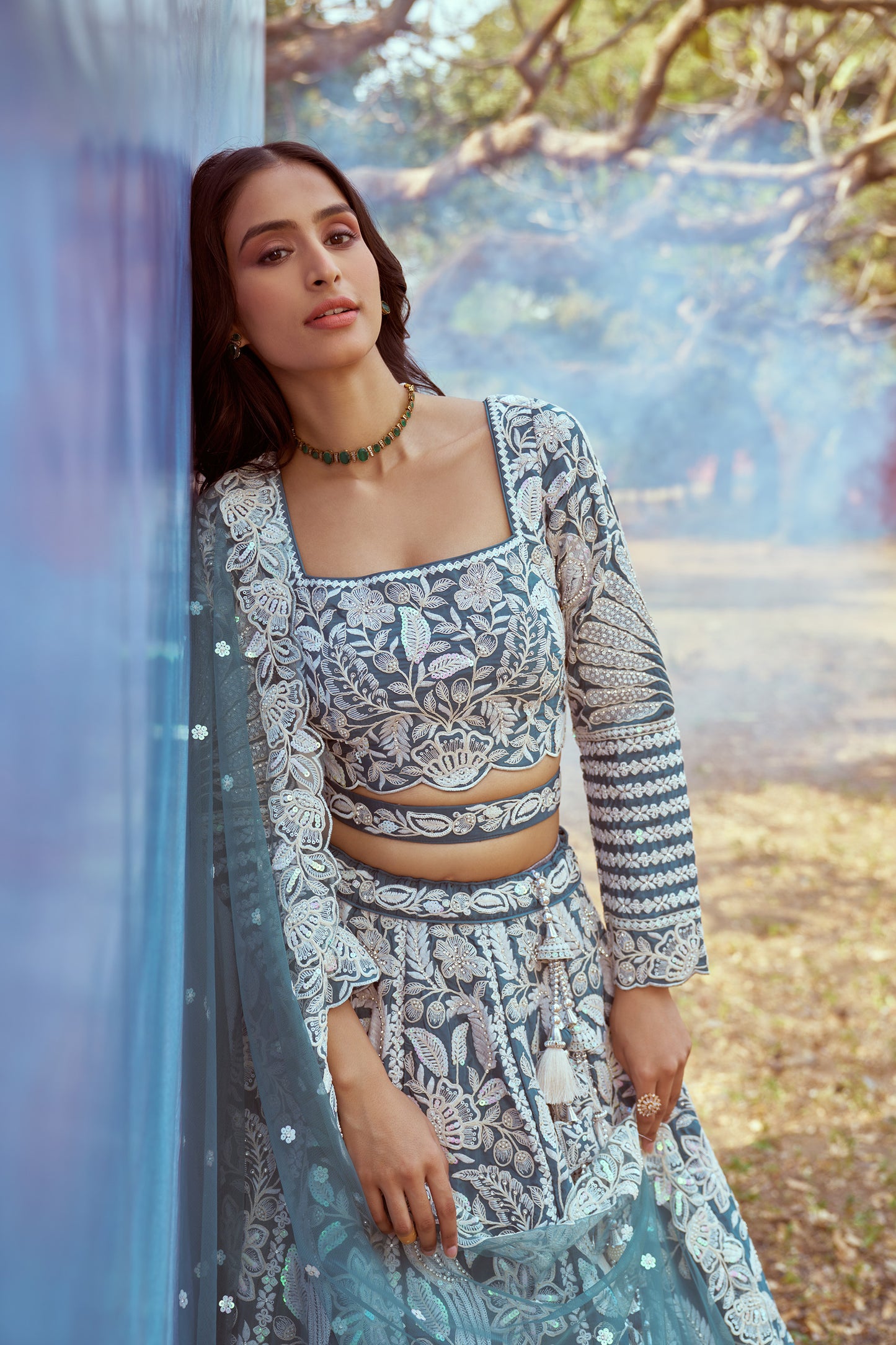 Teal Pure Satin Sequins embroidery Bridal Lehenga