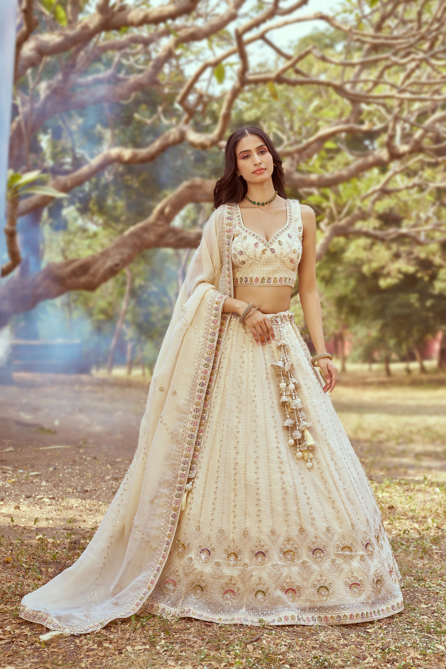 Cream Gold crushed Tissue Fabric Moti Hand work Premium Bridal Lehenga