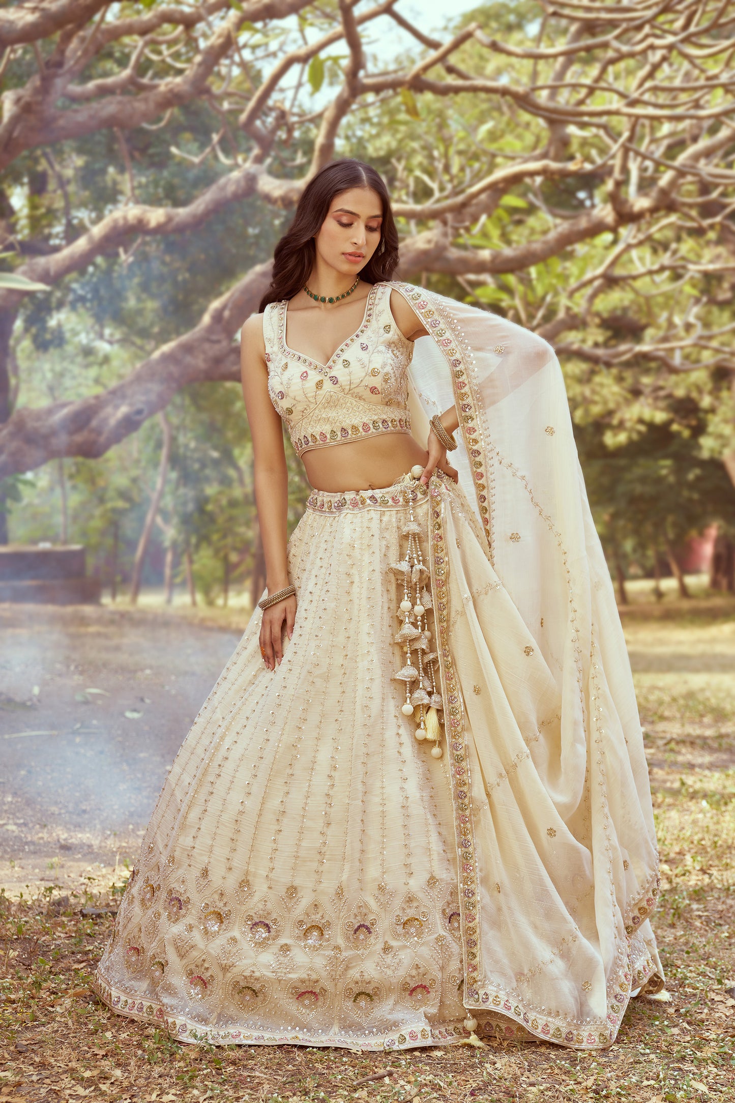 Cream Gold crushed Tissue Fabric Moti Hand work Premium Bridal Lehenga