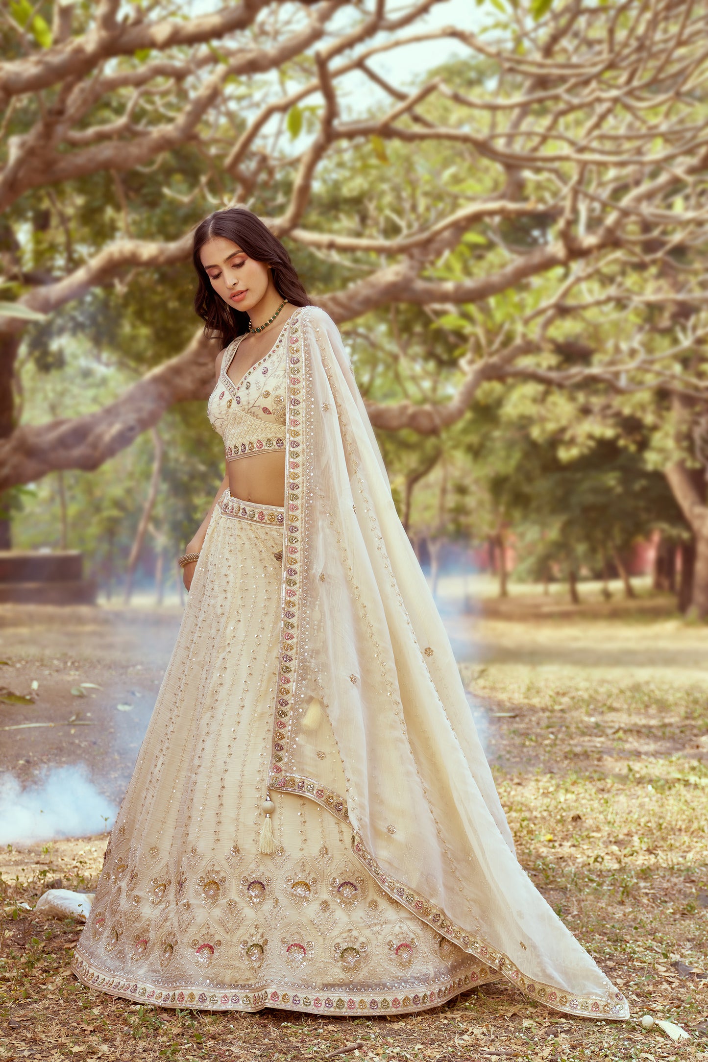 Cream Gold crushed Tissue Fabric Moti Hand work Premium Bridal Lehenga