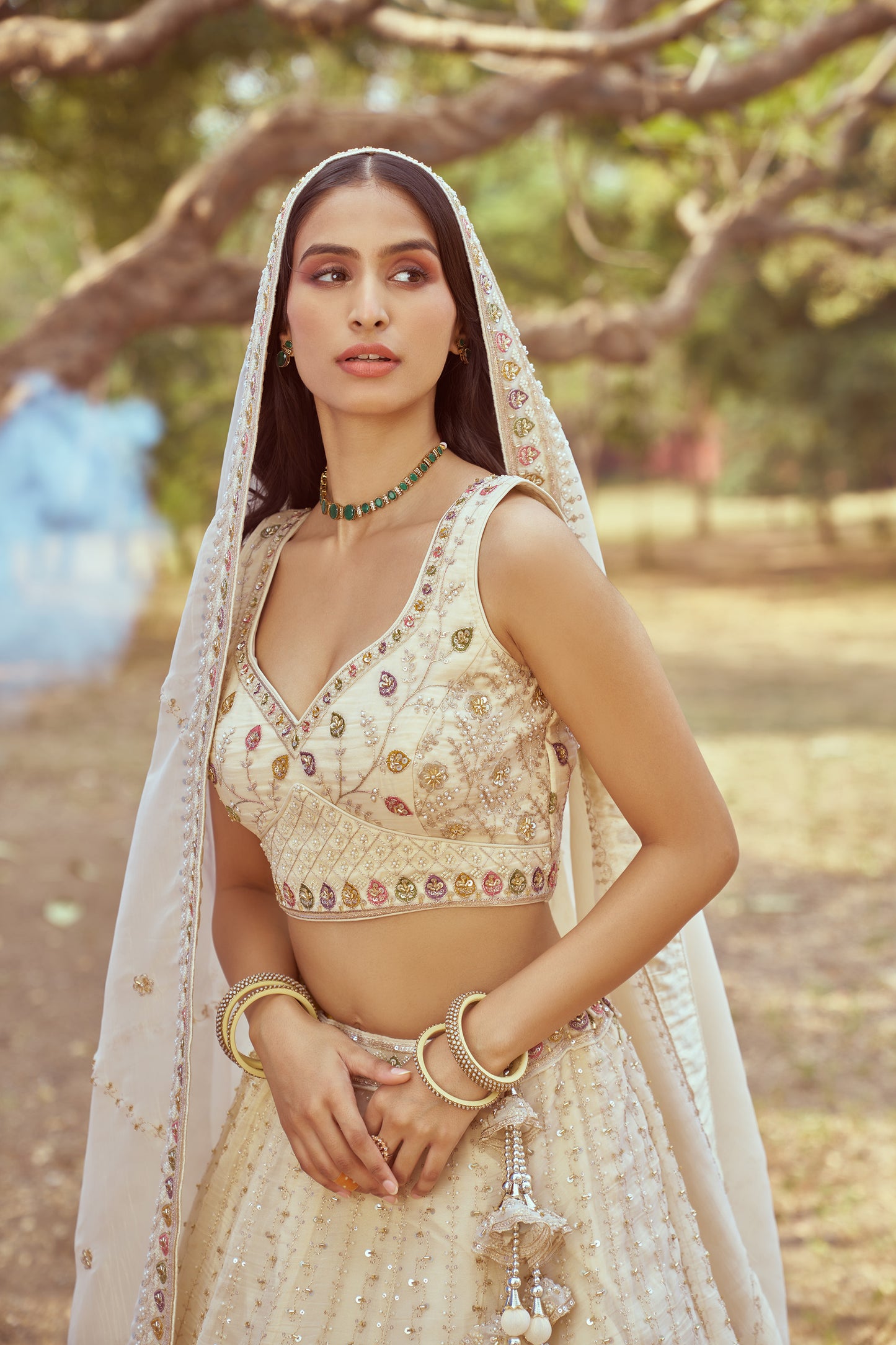 Cream Gold crushed Tissue Fabric Moti Hand work Premium Bridal Lehenga