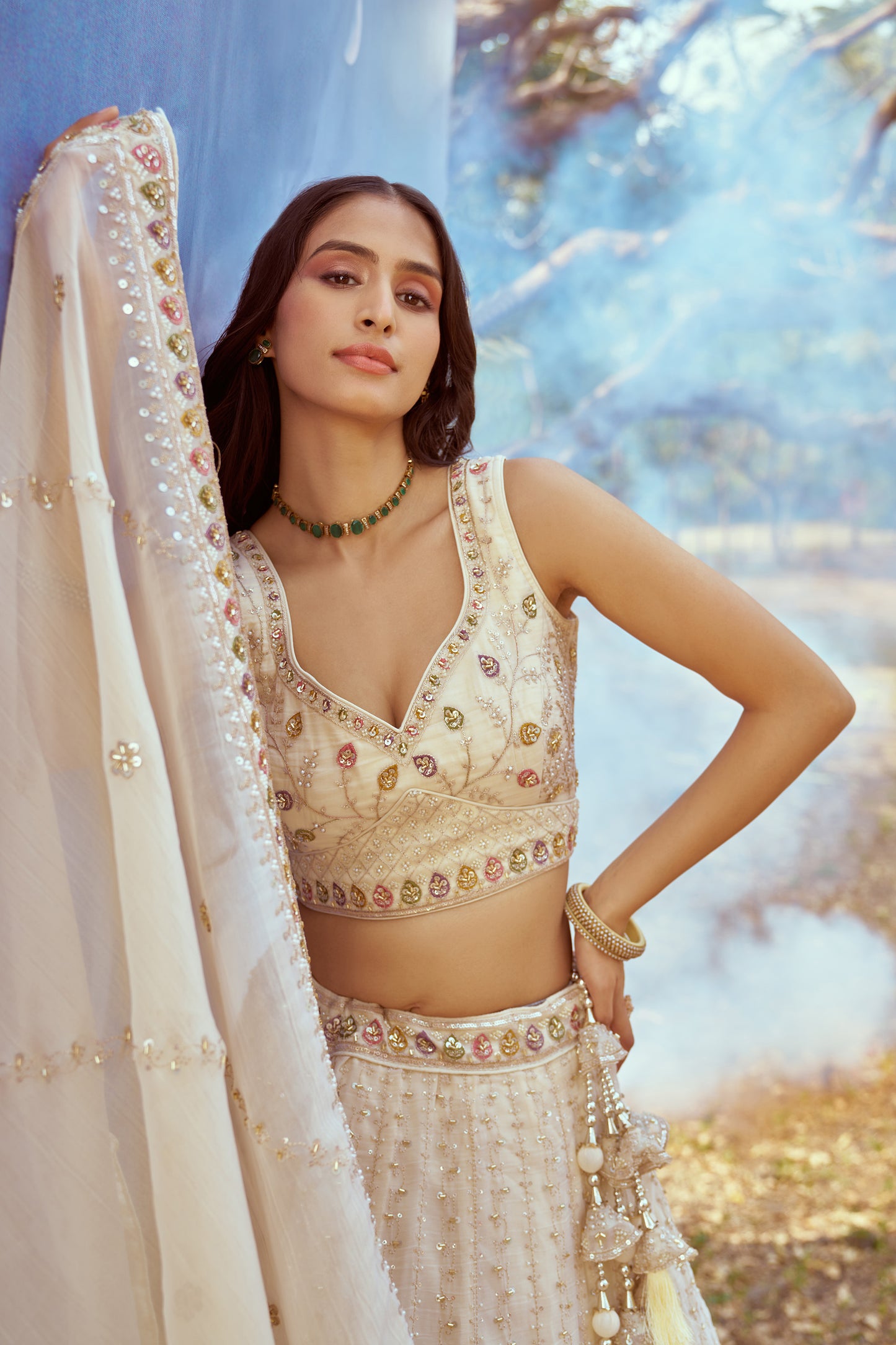 Cream Gold crushed Tissue Fabric Moti Hand work Premium Bridal Lehenga
