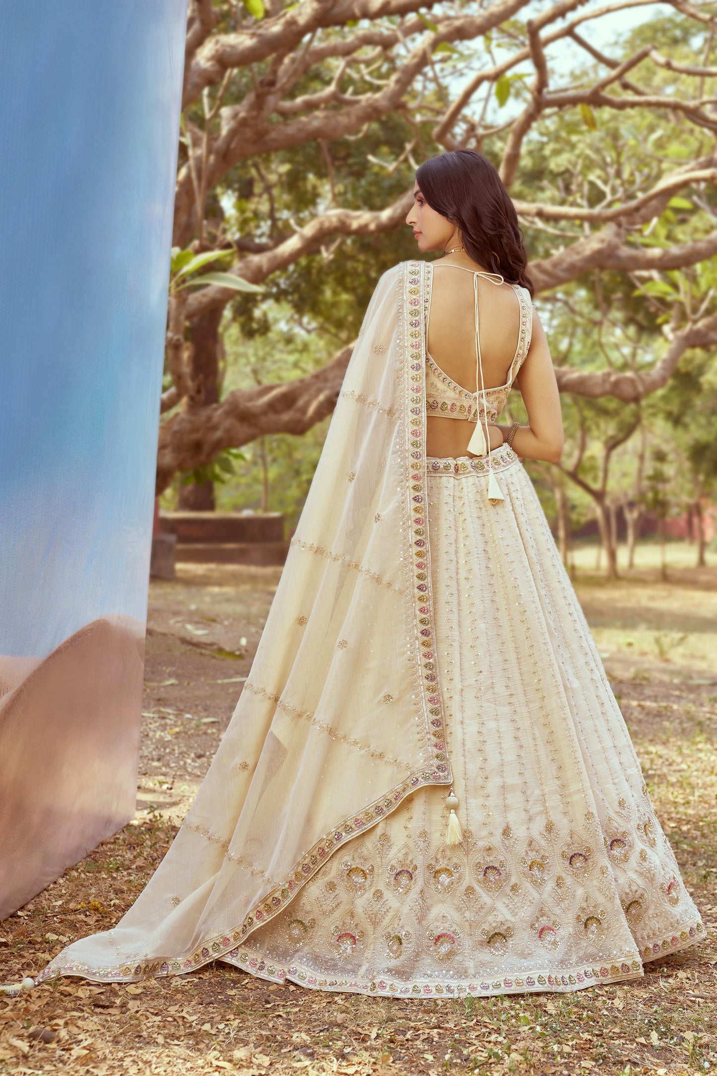 Cream Gold crushed Tissue Fabric Moti Hand work Premium Bridal Lehenga