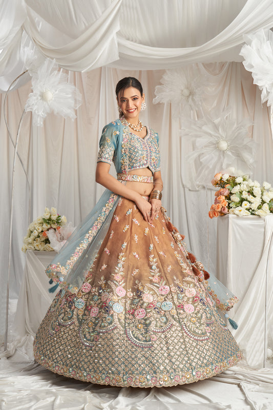 Turquoise blue Bridal net and Gotapatti & Moti embroidery Designer Lehenga choli & Dupatta