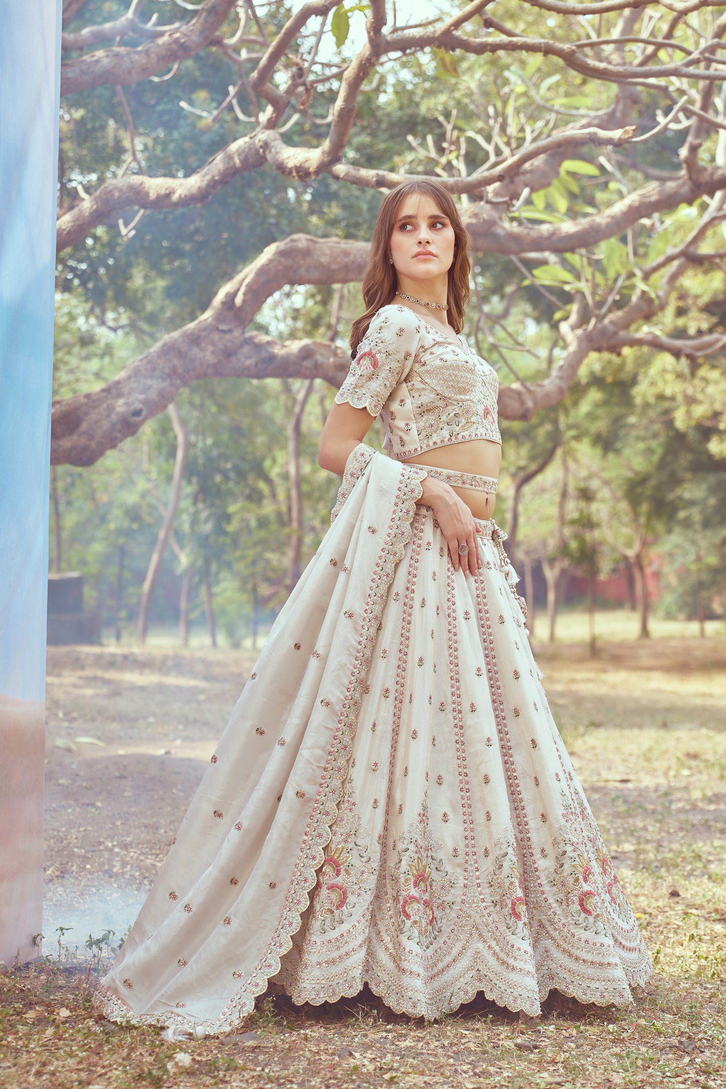 Cream Gold crushed Tissue Fabric Moti, Zari work Bridal Lehenga