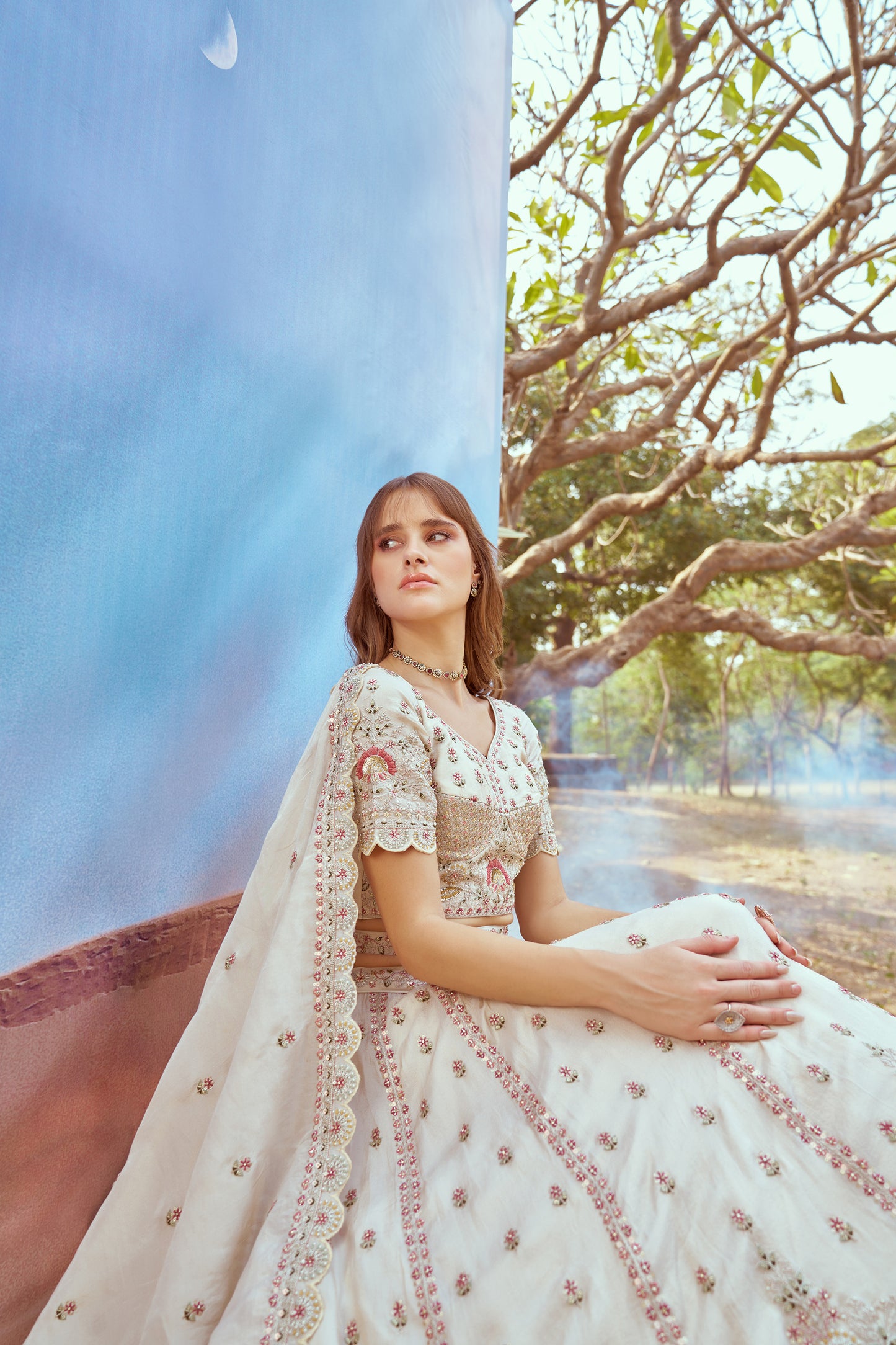 Cream Gold crushed Tissue Fabric Moti, Zari work Bridal Lehenga