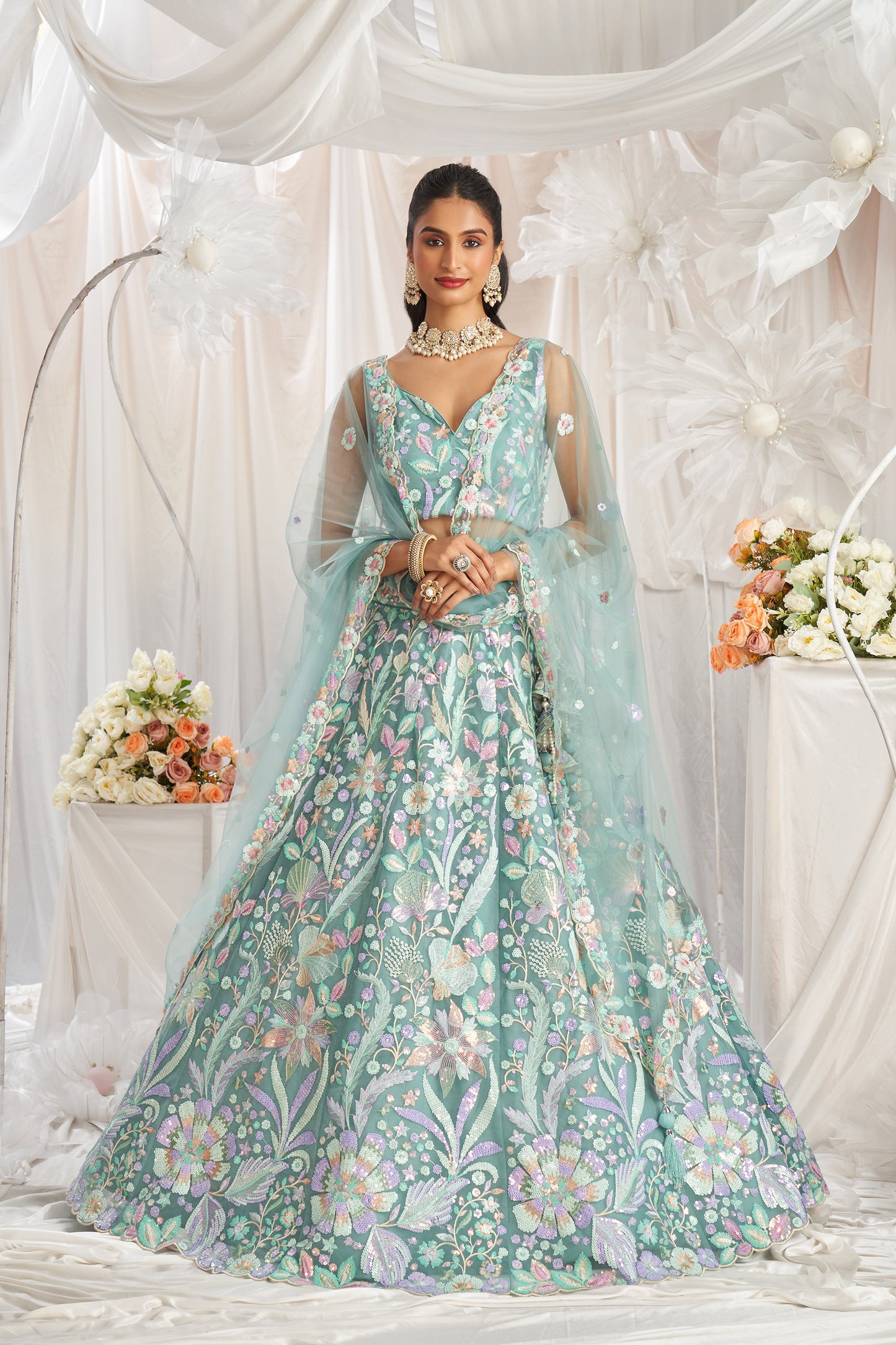 Lime Green Net Sequins embroidery Engagement Lehenga Choli S Lime Green Net Sequins embroidery Engagement Lehenga Choli S