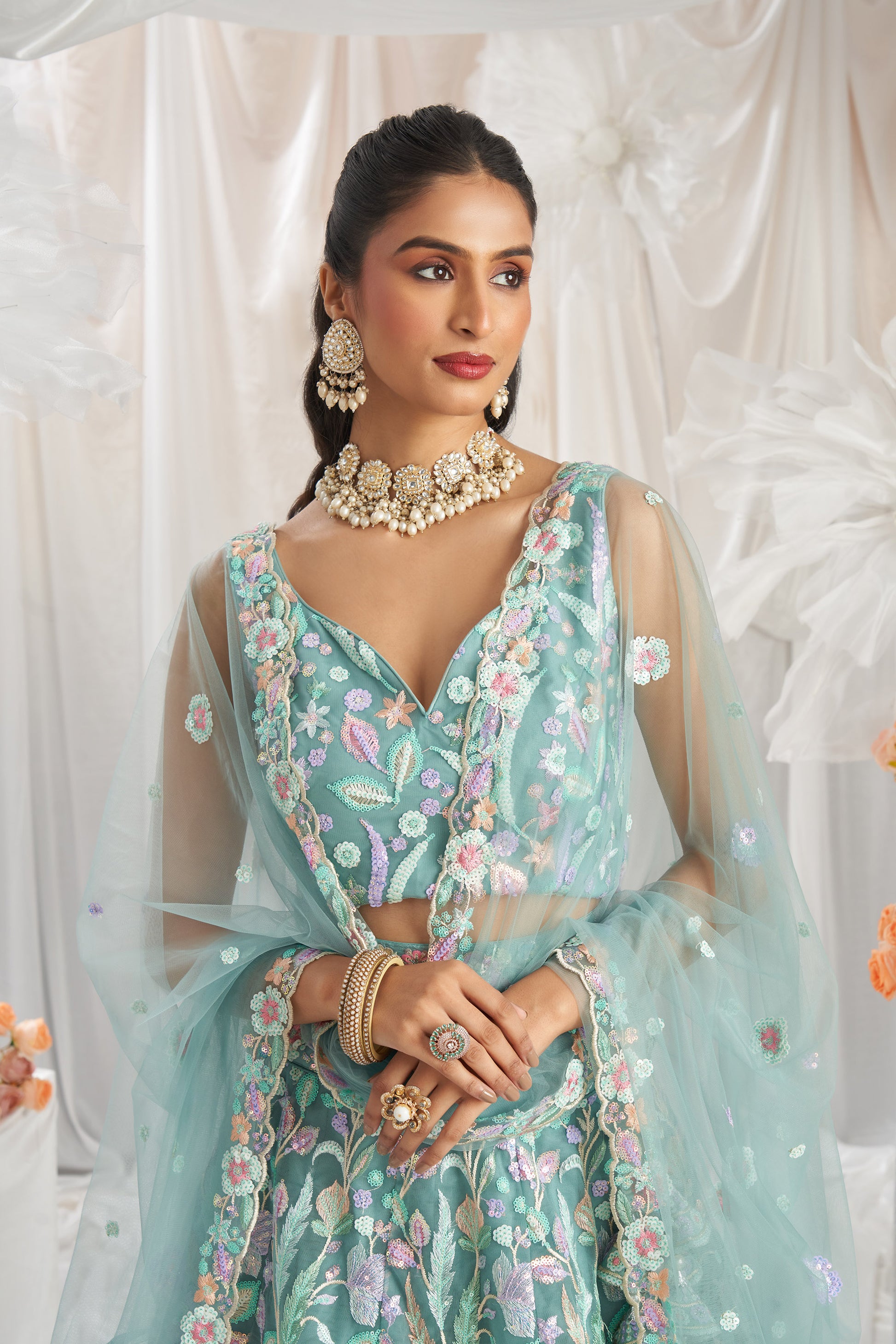 Lime Green Net Sequins embroidery Engagement Lehenga Choli M Lime Green Net Sequins embroidery Engagement Lehenga Choli M