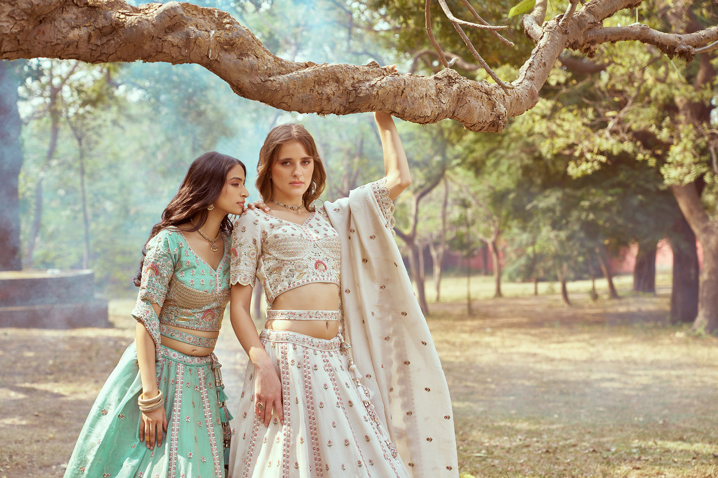 Cream Gold crushed Tissue Fabric Moti, Zari work Bridal Lehenga