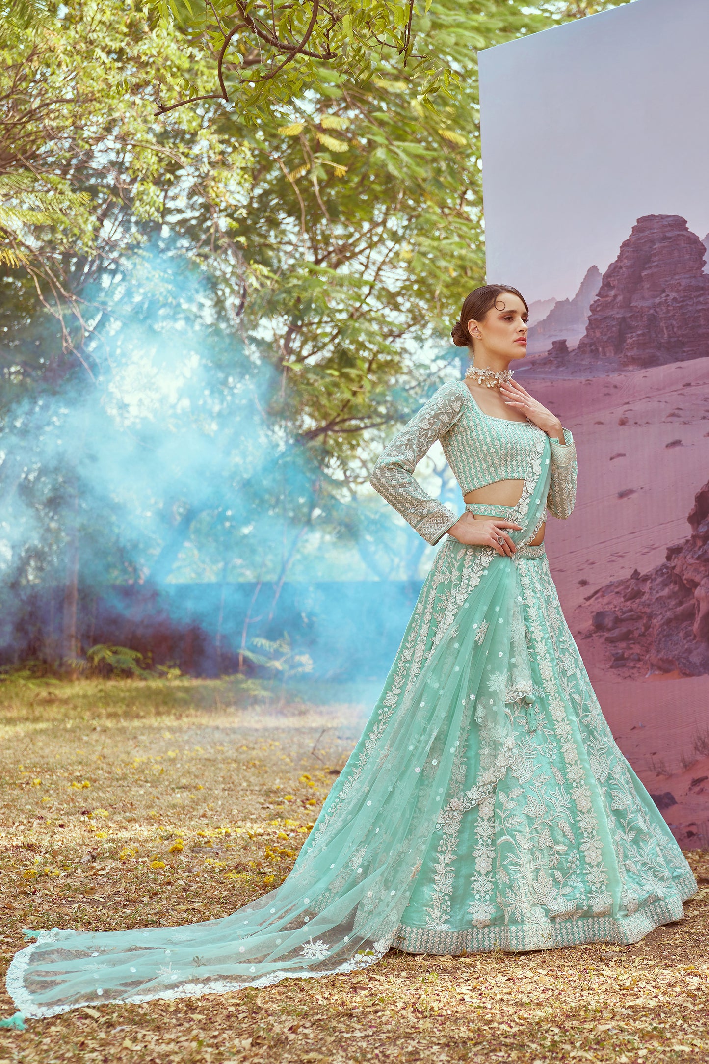 Sea green Organza Sequins embroidery Bridal Lehenga