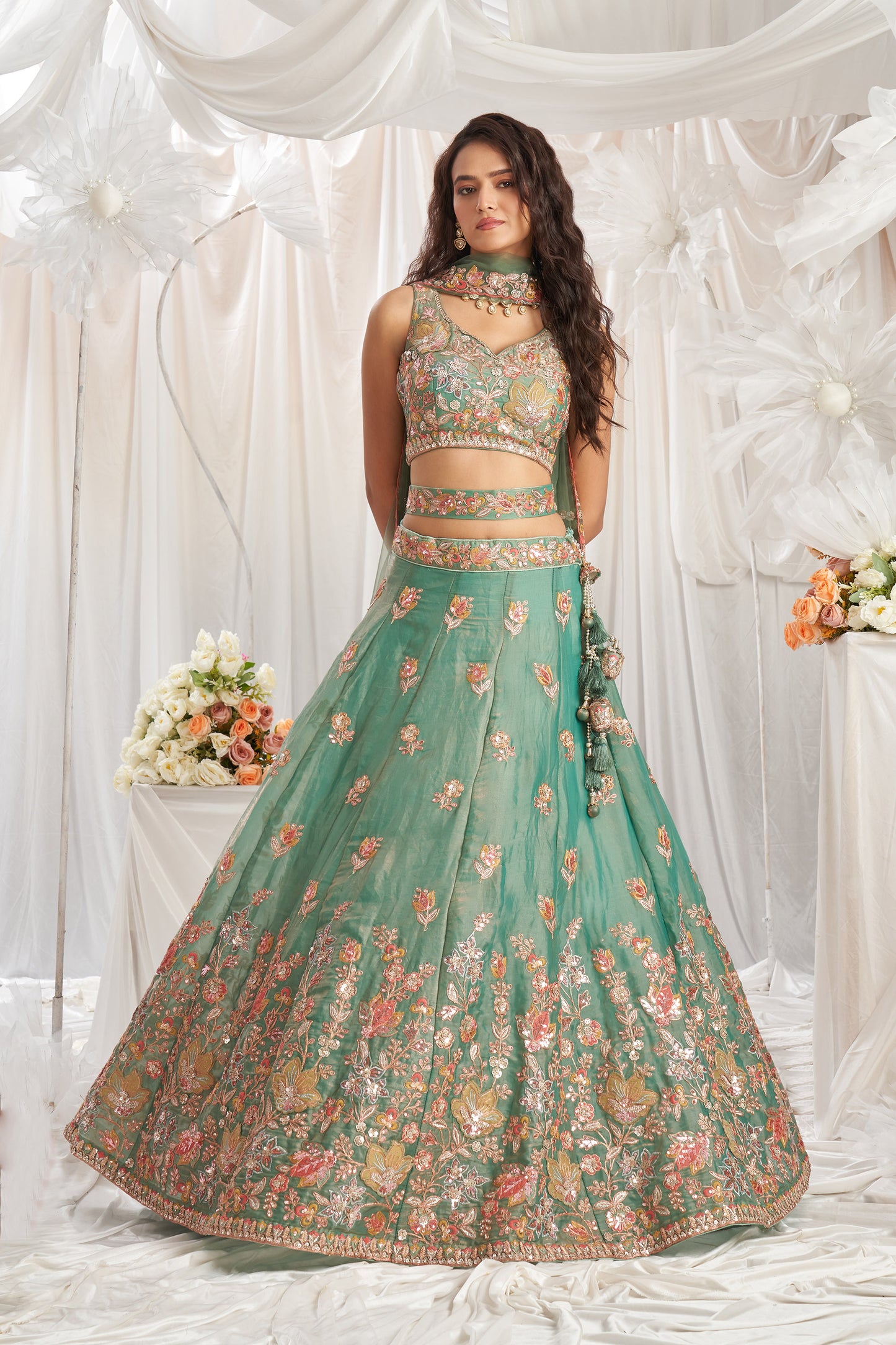 Lime green Organza Sequins embroidery Engagement Lehenga Choli