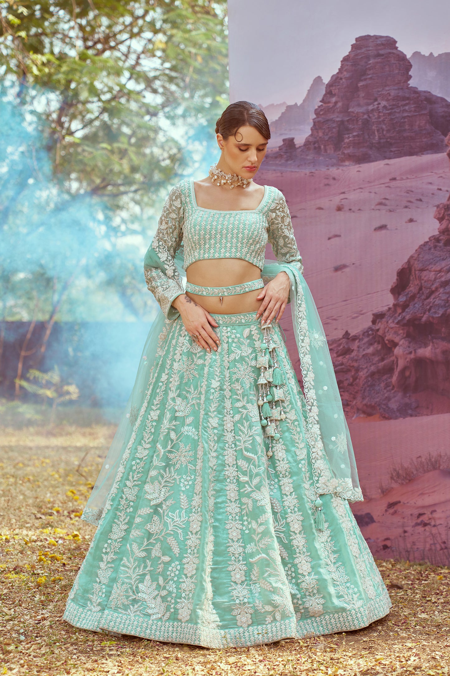 Sea green Organza Sequins embroidery Bridal Lehenga