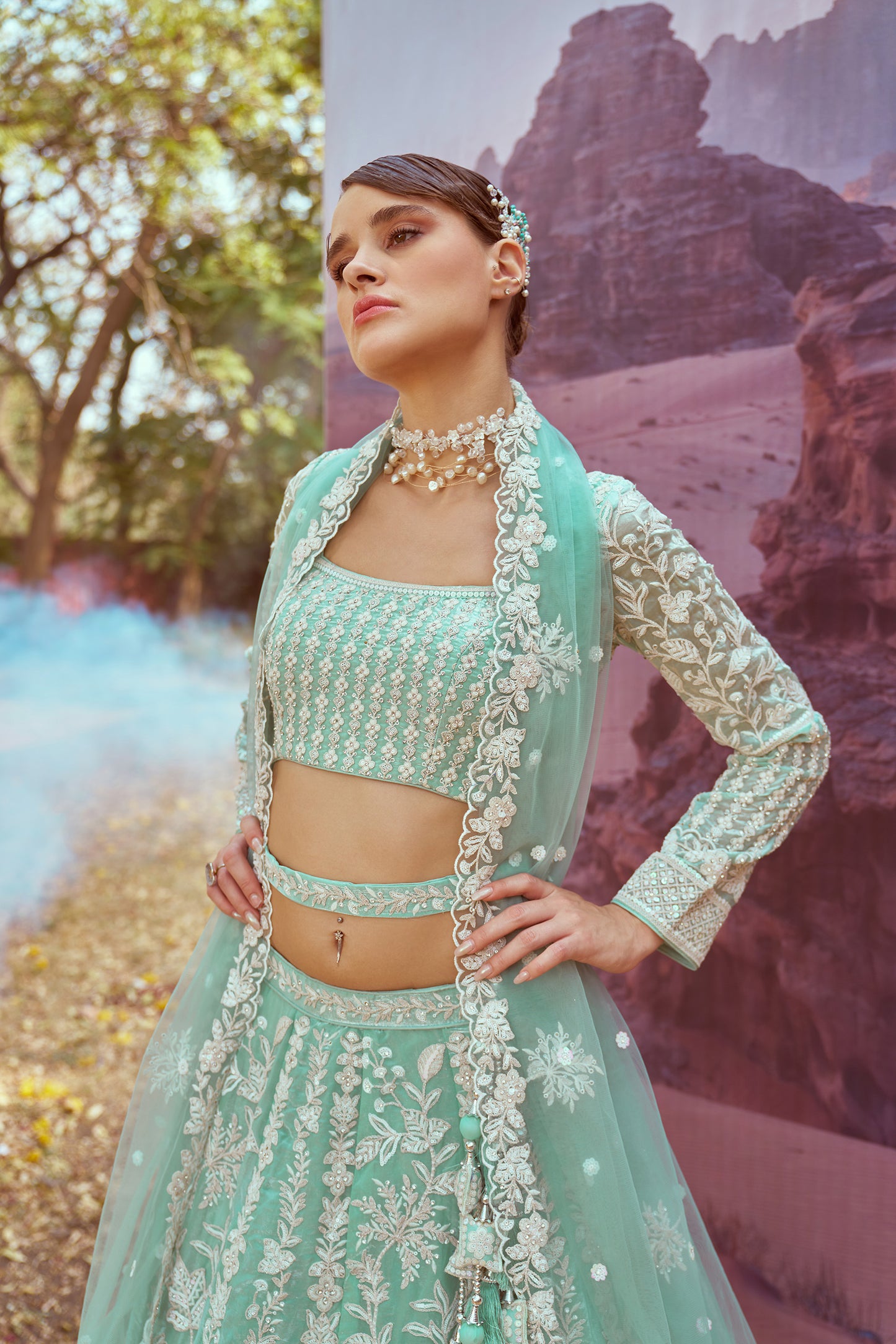 Sea green Organza Sequins embroidery Bridal Lehenga