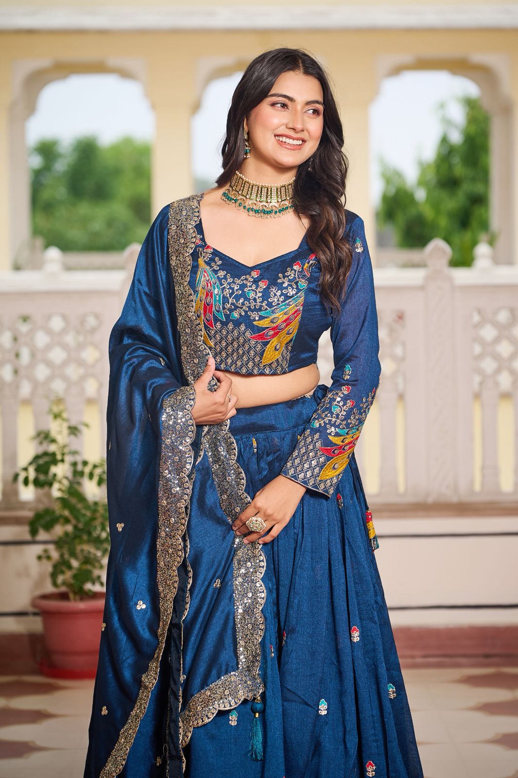 Blue Sequins Embroidered Vichitra Silk Festive Lehenga Choli
