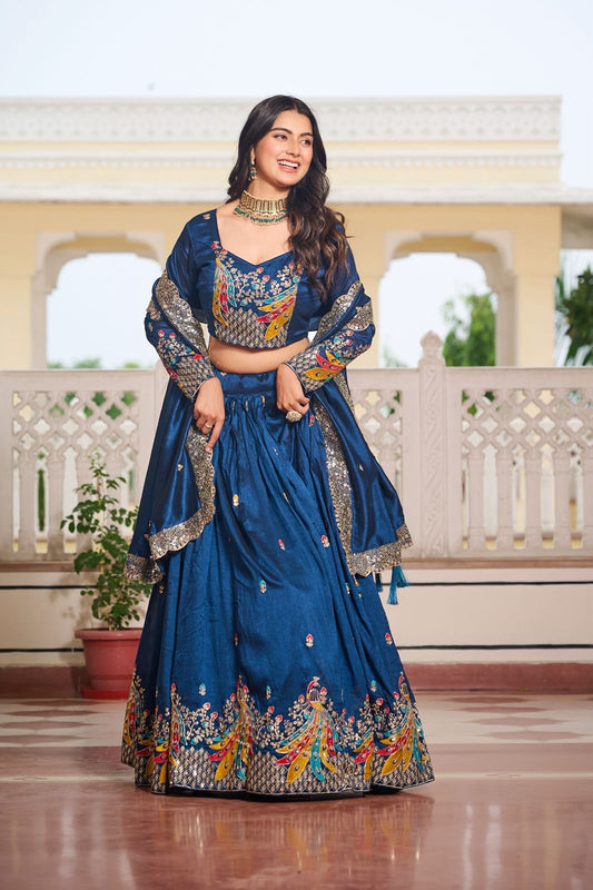 Blue Sequins Embroidered Vichitra Silk Festive Lehenga Choli
