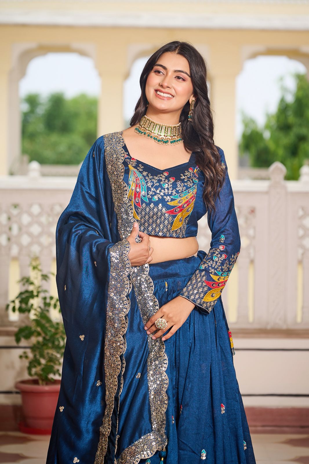 Blue Sequins Embroidered Vichitra Silk Festive Lehenga Choli