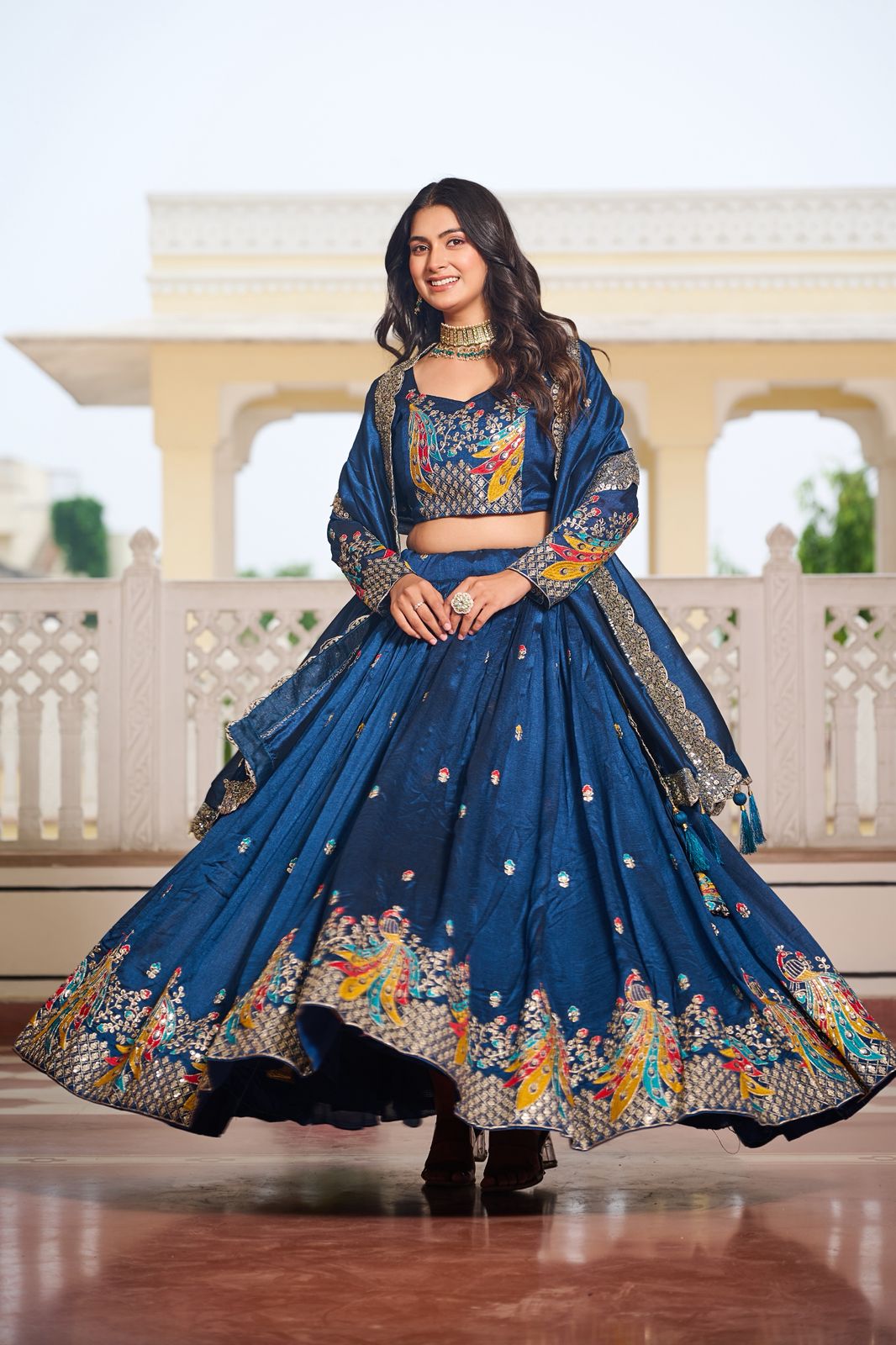 Blue Sequins Embroidered Vichitra Silk Festive Lehenga Choli