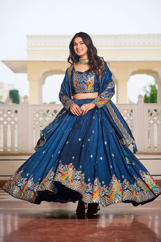 Blue Sequins Embroidered Vichitra Silk Festive Lehenga Choli