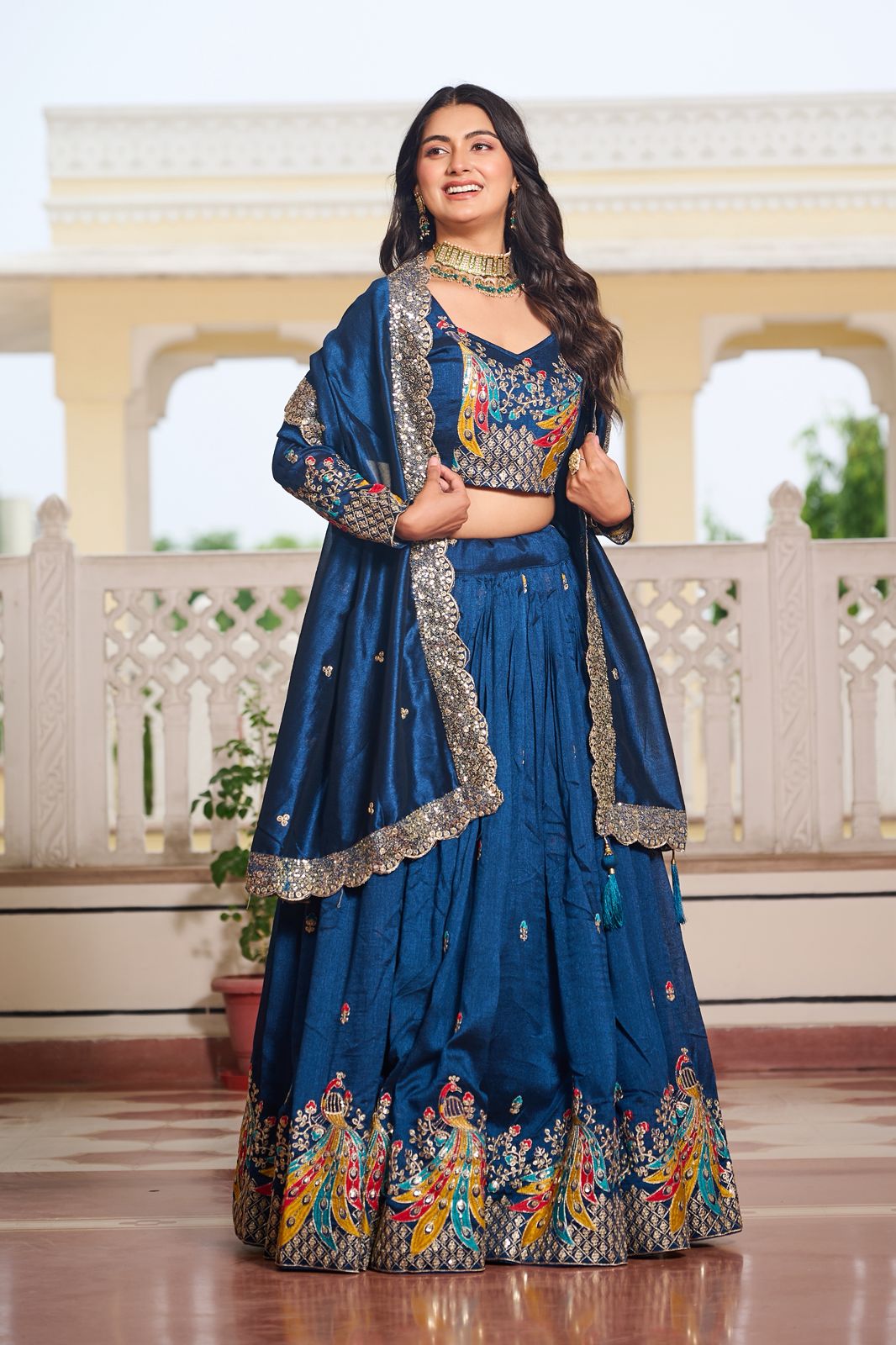 Blue Sequins Embroidered Vichitra Silk Festive Lehenga Choli