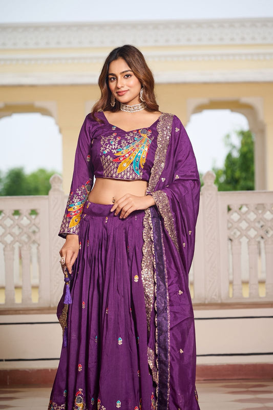 Lavender Sequins Embroidered Vichitra Silk Festive Lehenga Choli