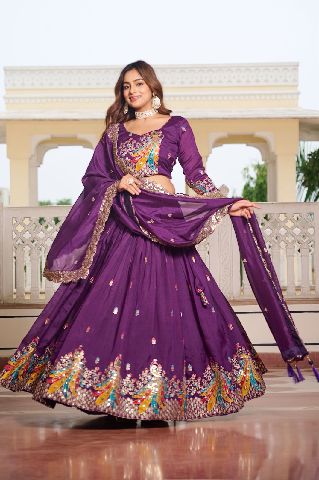 Lavender Sequins Embroidered Vichitra Silk Festive Lehenga Choli