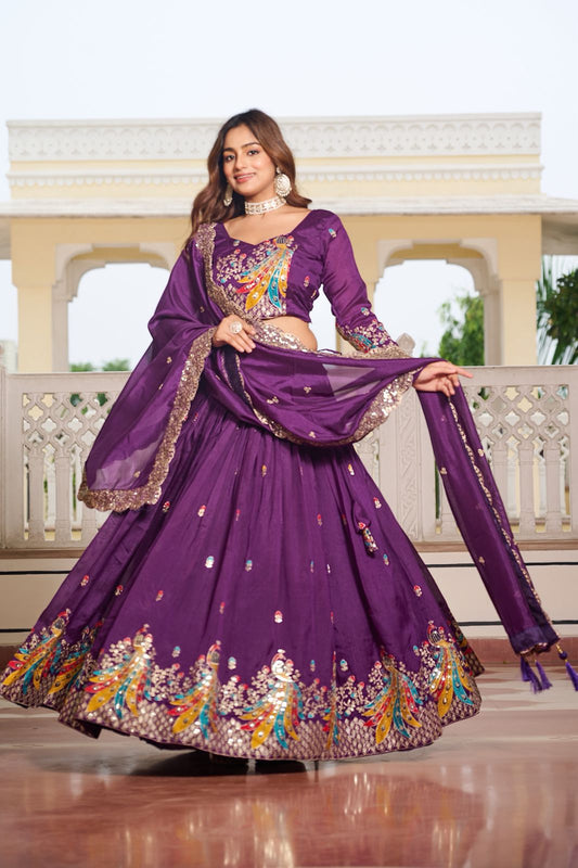 Lavender Sequins Embroidered Vichitra Silk Festive Lehenga Choli