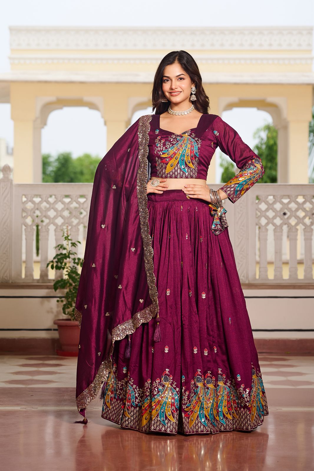 Maroon Sequins Embroidered Vichitra Silk Wedding Lehenga Choli