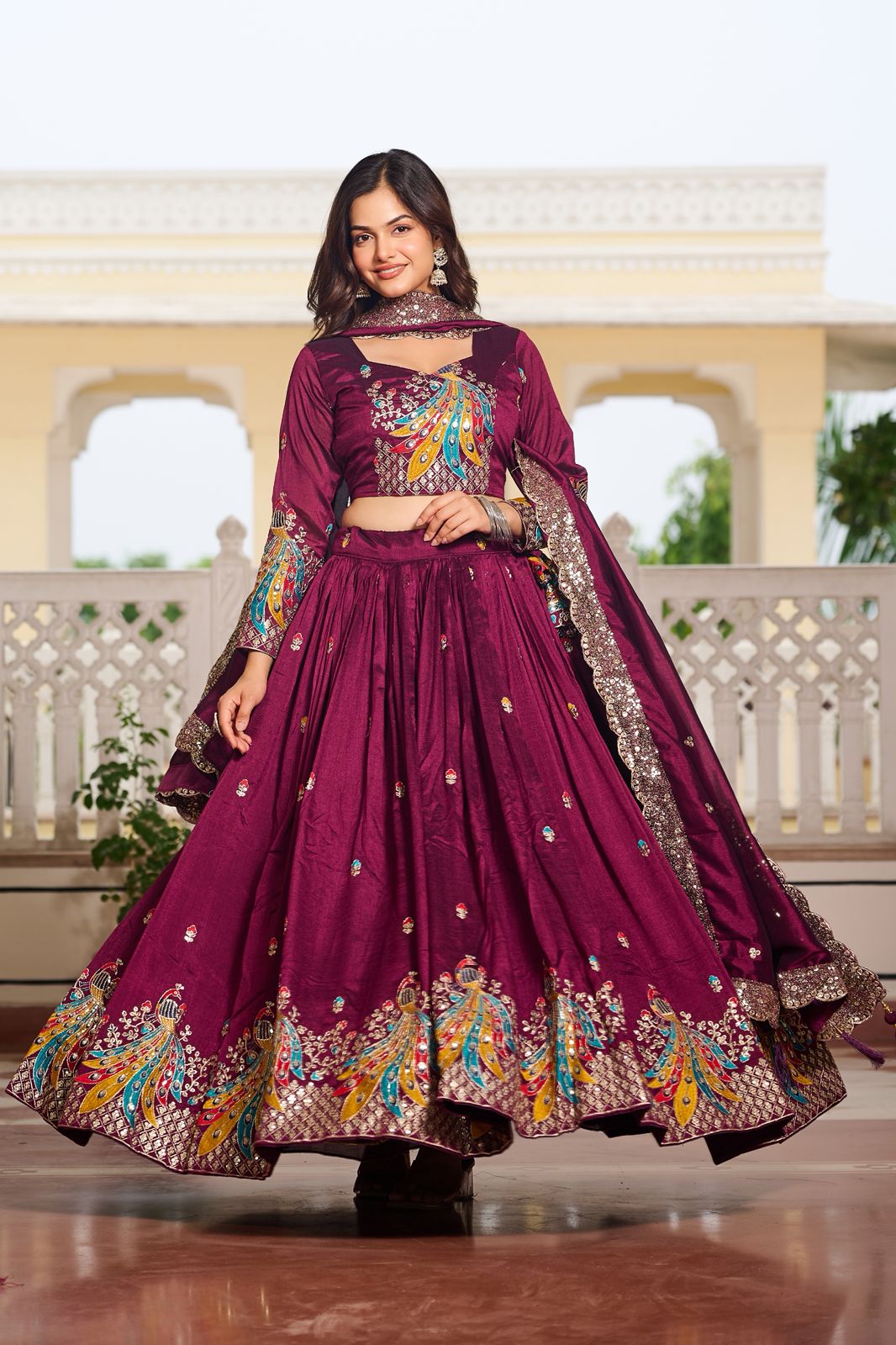 Maroon Sequins Embroidered Vichitra Silk Wedding Lehenga Choli
