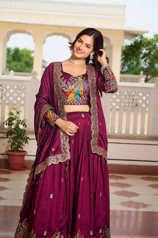 Maroon Sequins Embroidered Vichitra Silk Wedding Lehenga Choli