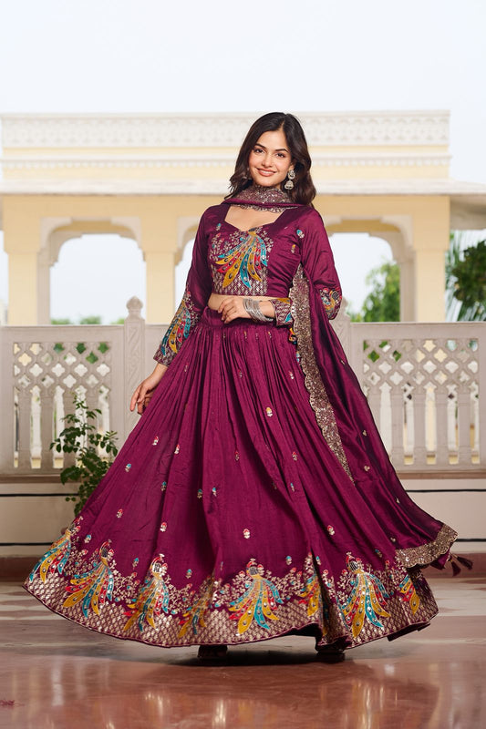Maroon Sequins Embroidered Vichitra Silk Wedding Lehenga Choli