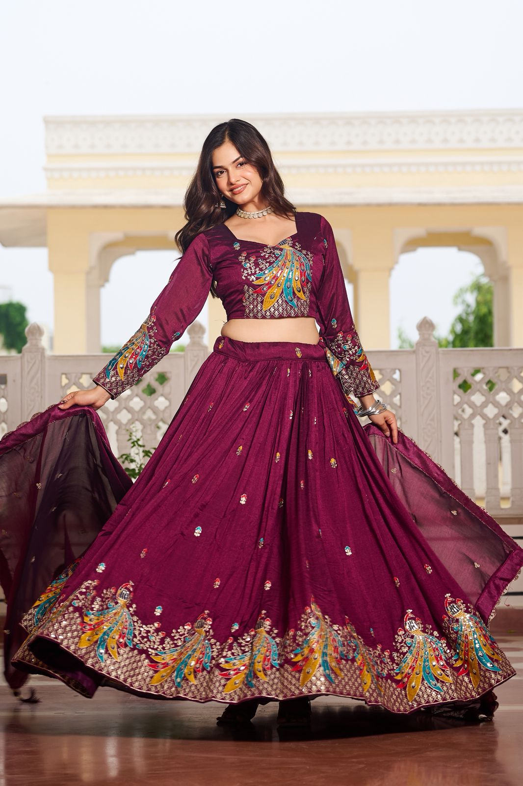 Maroon Sequins Embroidered Vichitra Silk Wedding Lehenga Choli