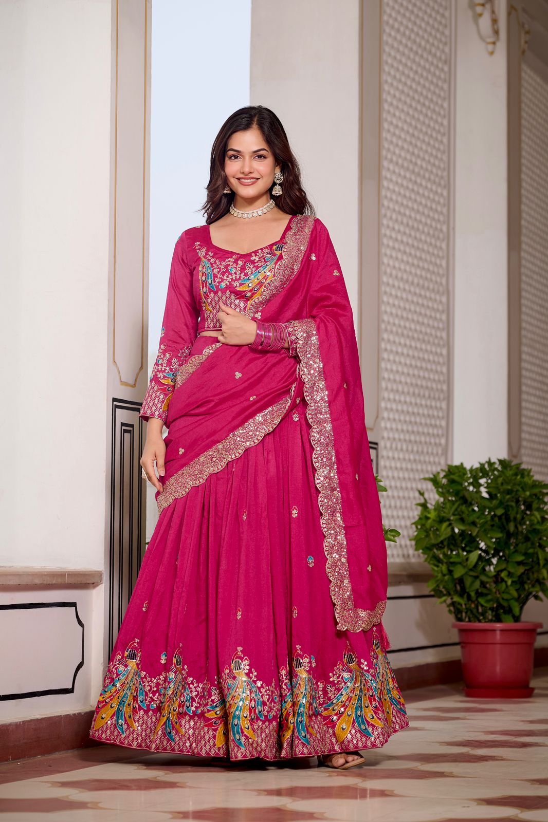 Pink Sequins Embroidered Vichitra Silk Festive Lehenga Choli