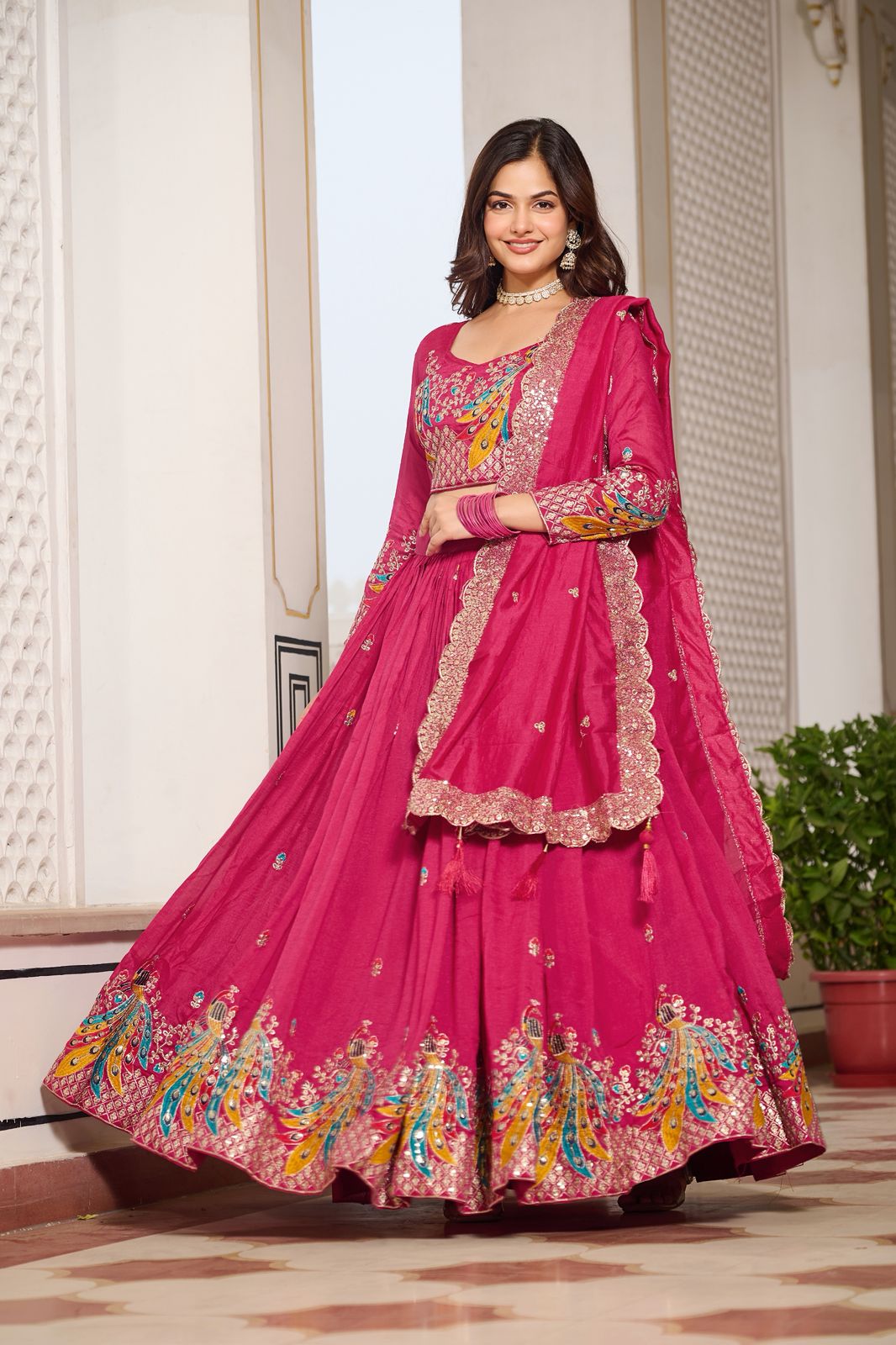 Pink Sequins Embroidered Vichitra Silk Festive Lehenga Choli