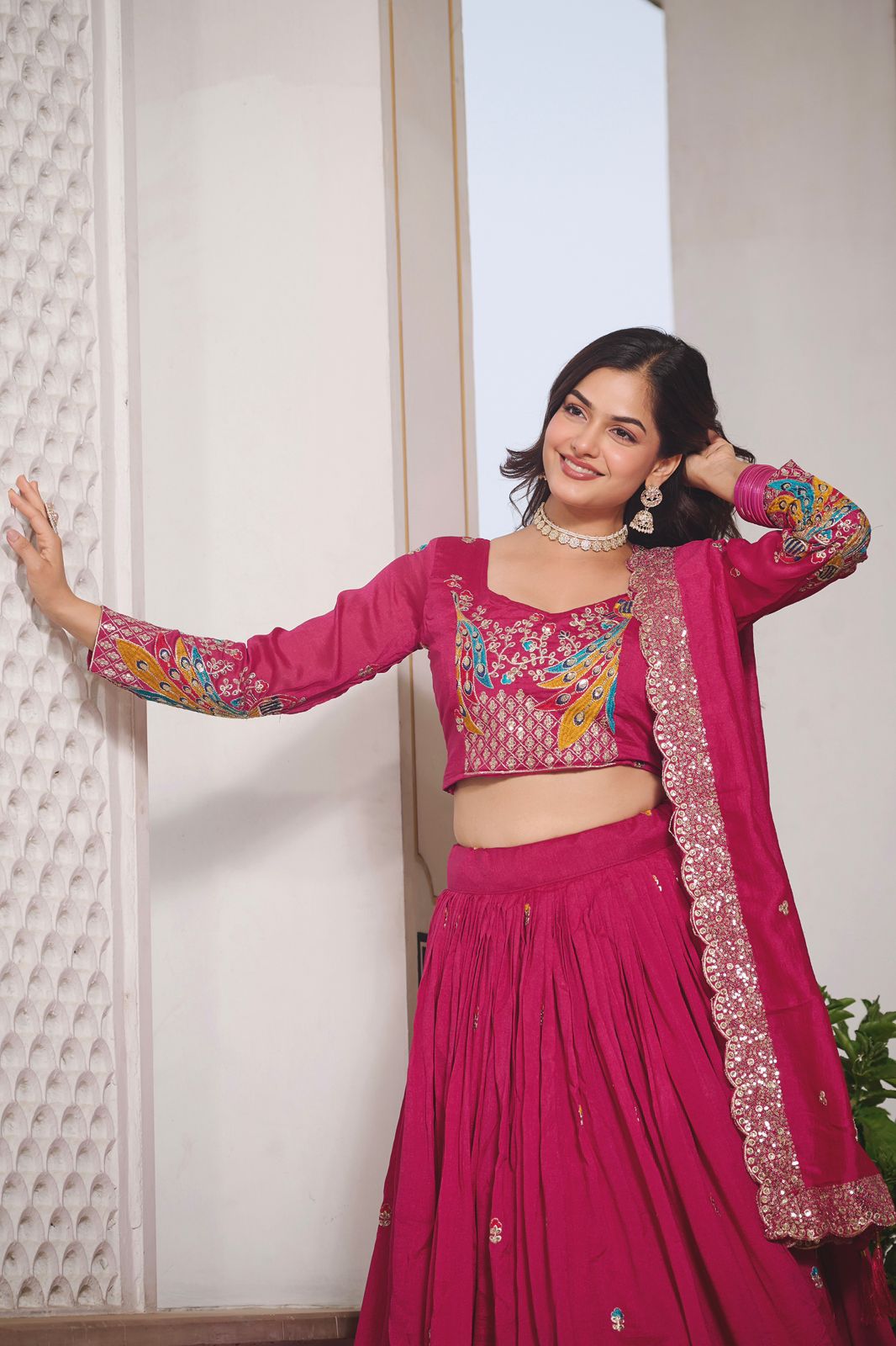 Pink Sequins Embroidered Vichitra Silk Festive Lehenga Choli