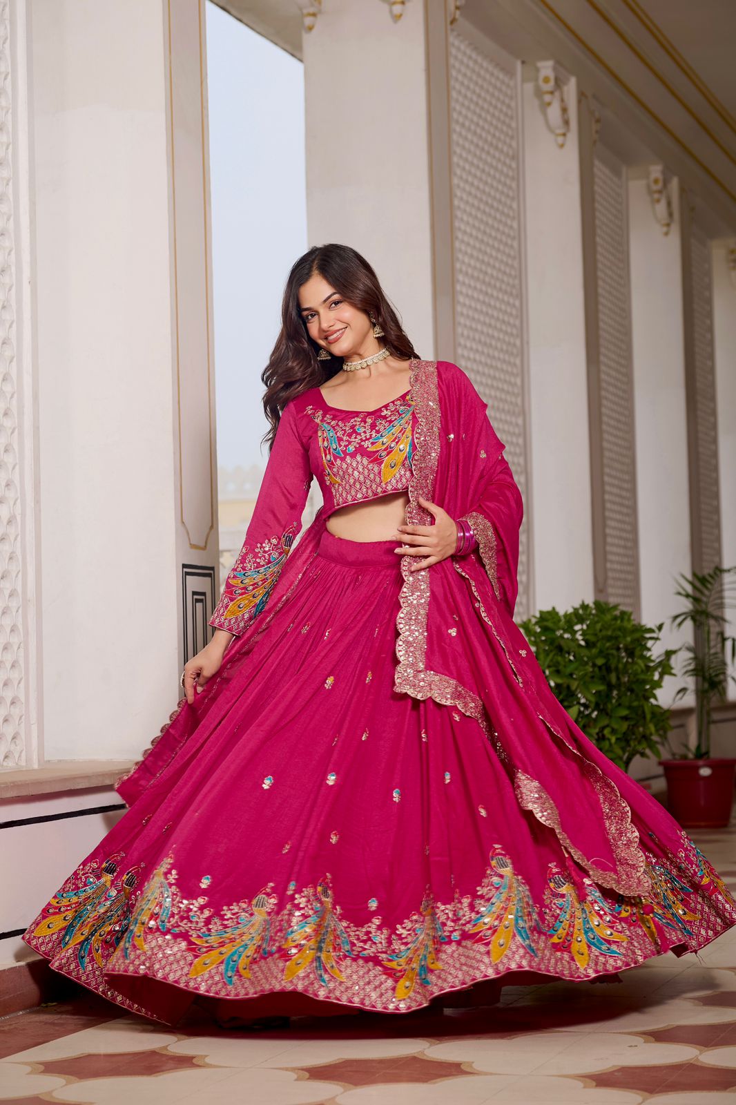 Pink Sequins Embroidered Vichitra Silk Festive Lehenga Choli