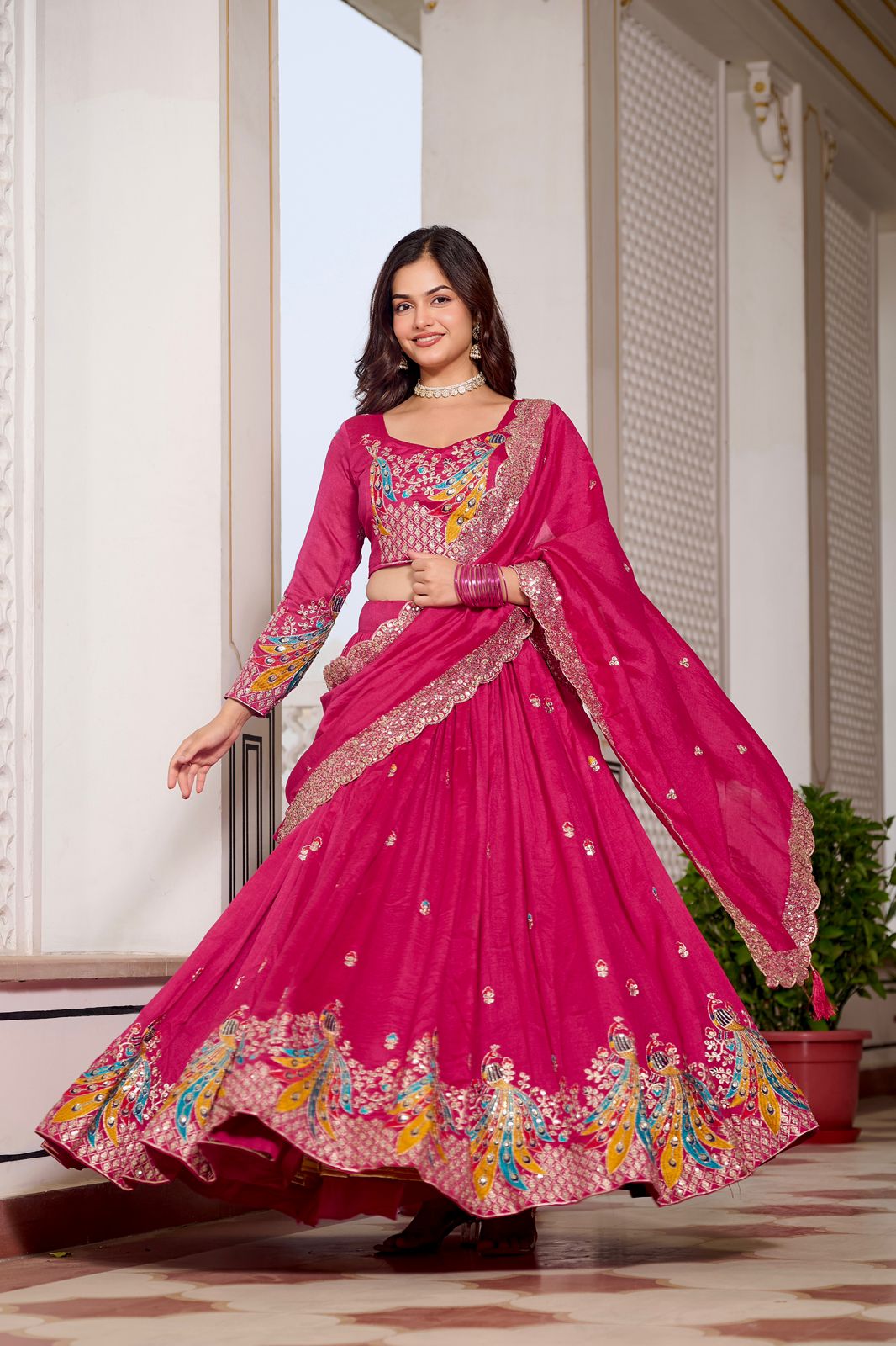Pink Sequins Embroidered Vichitra Silk Festive Lehenga Choli