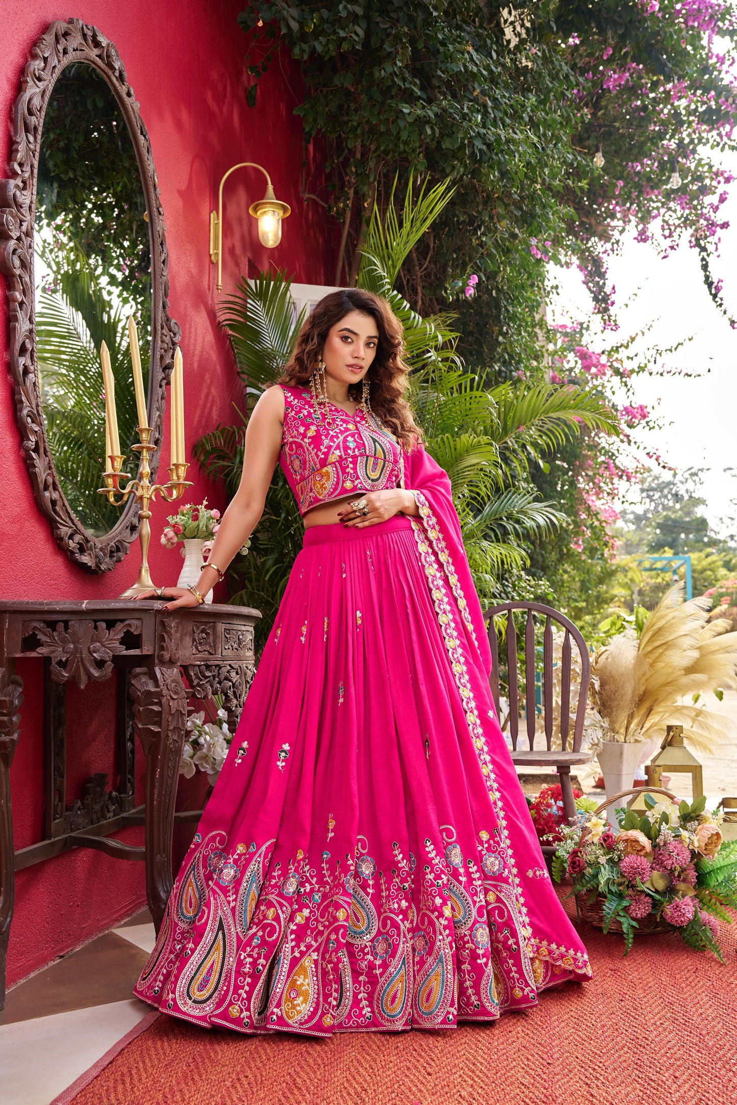Pink Vichitra Silk Cording Sequins Work Wedding Guest Lehenga