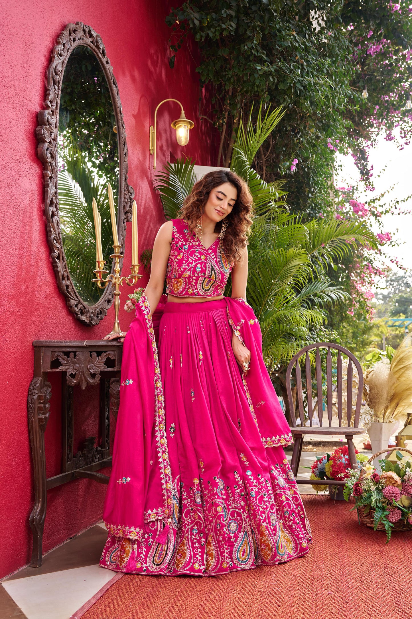 Pink Vichitra Silk Cording Sequins Work Wedding Guest Lehenga