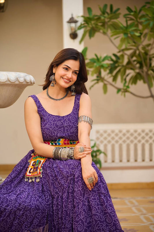 Violet Gamthi Work Faux Georgette Bandhani Print & Mirror Work Navratri Gown