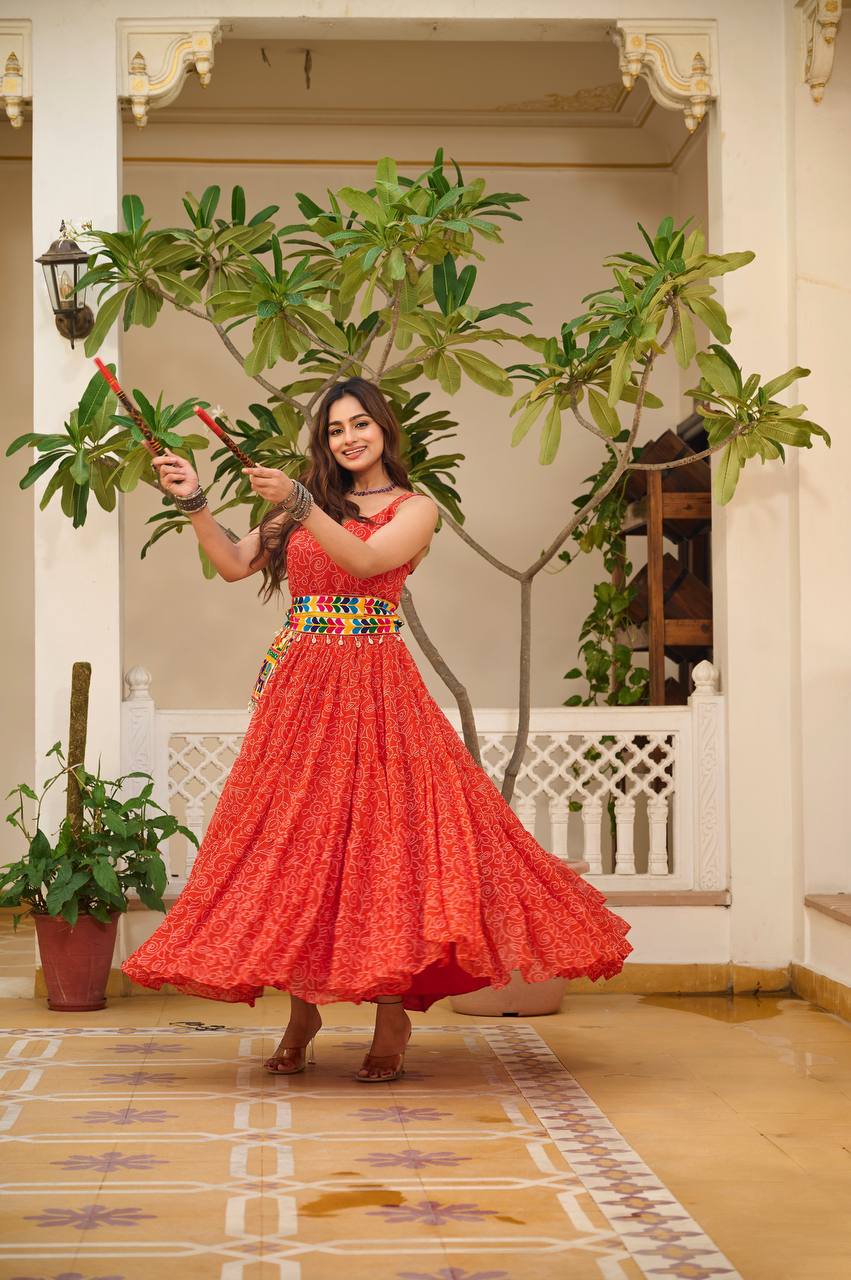 Orange Gamthi Work Faux Georgette Bandhani Print & Mirror Work Navratri Gown