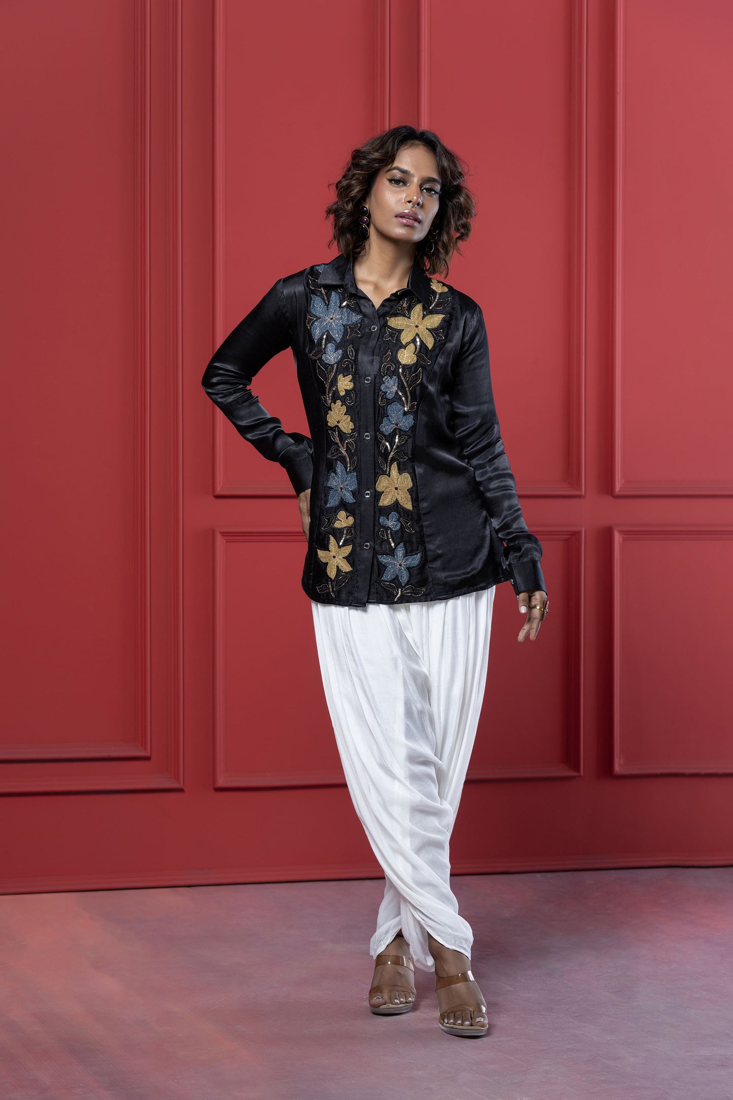 Black Flower Patch Dhoti Set