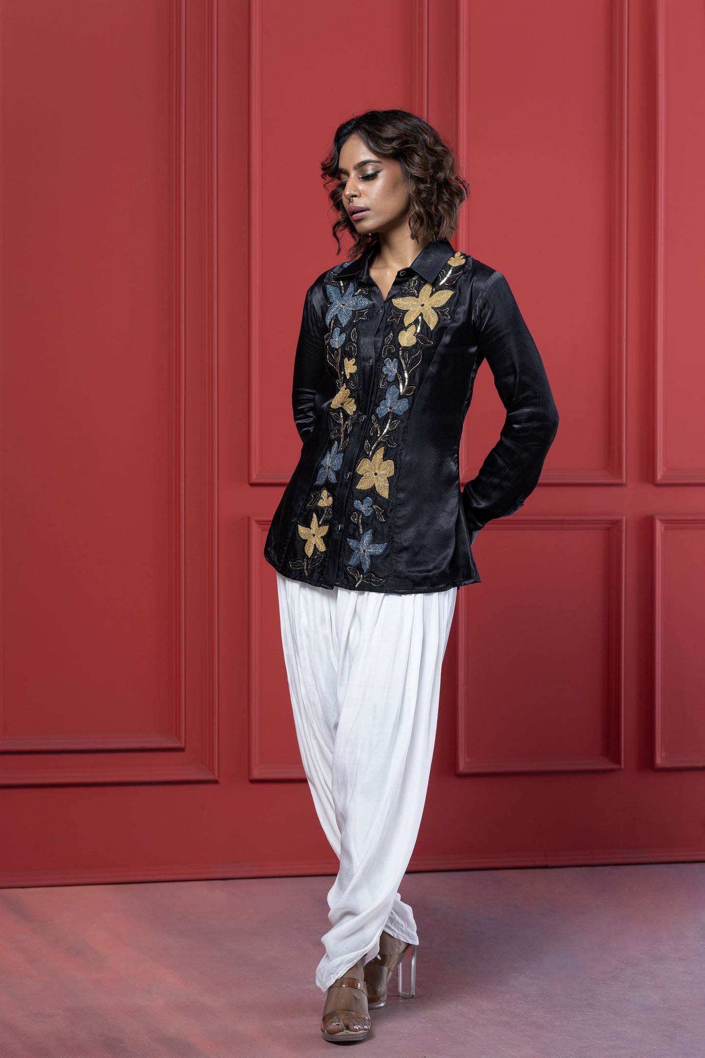 Black Flower Patch Dhoti Set