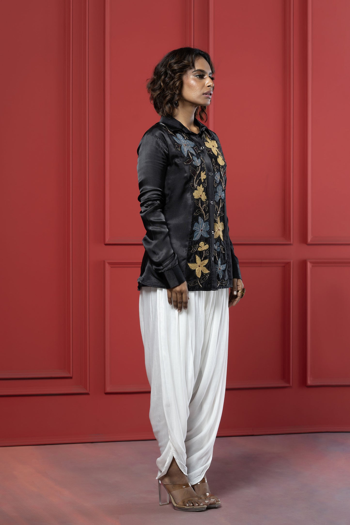 Black Flower Patch Dhoti Set