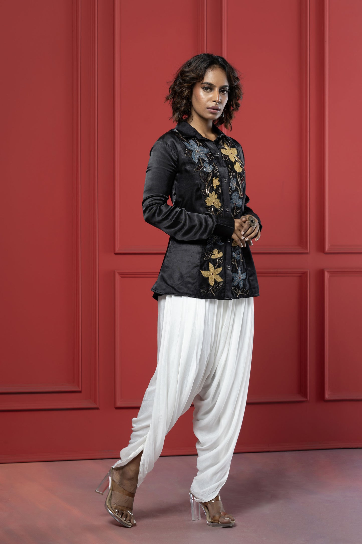 Black Flower Patch Dhoti Set