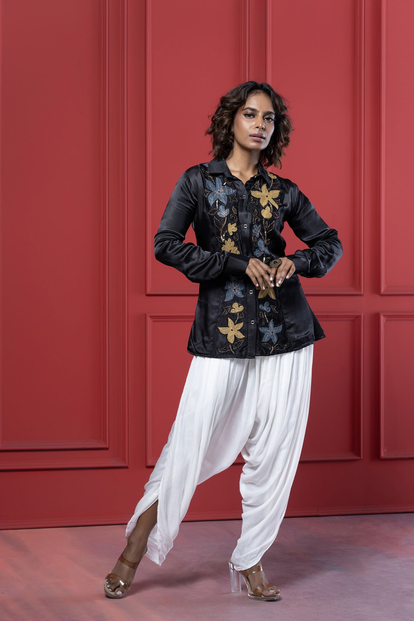Black Flower Patch Dhoti Set