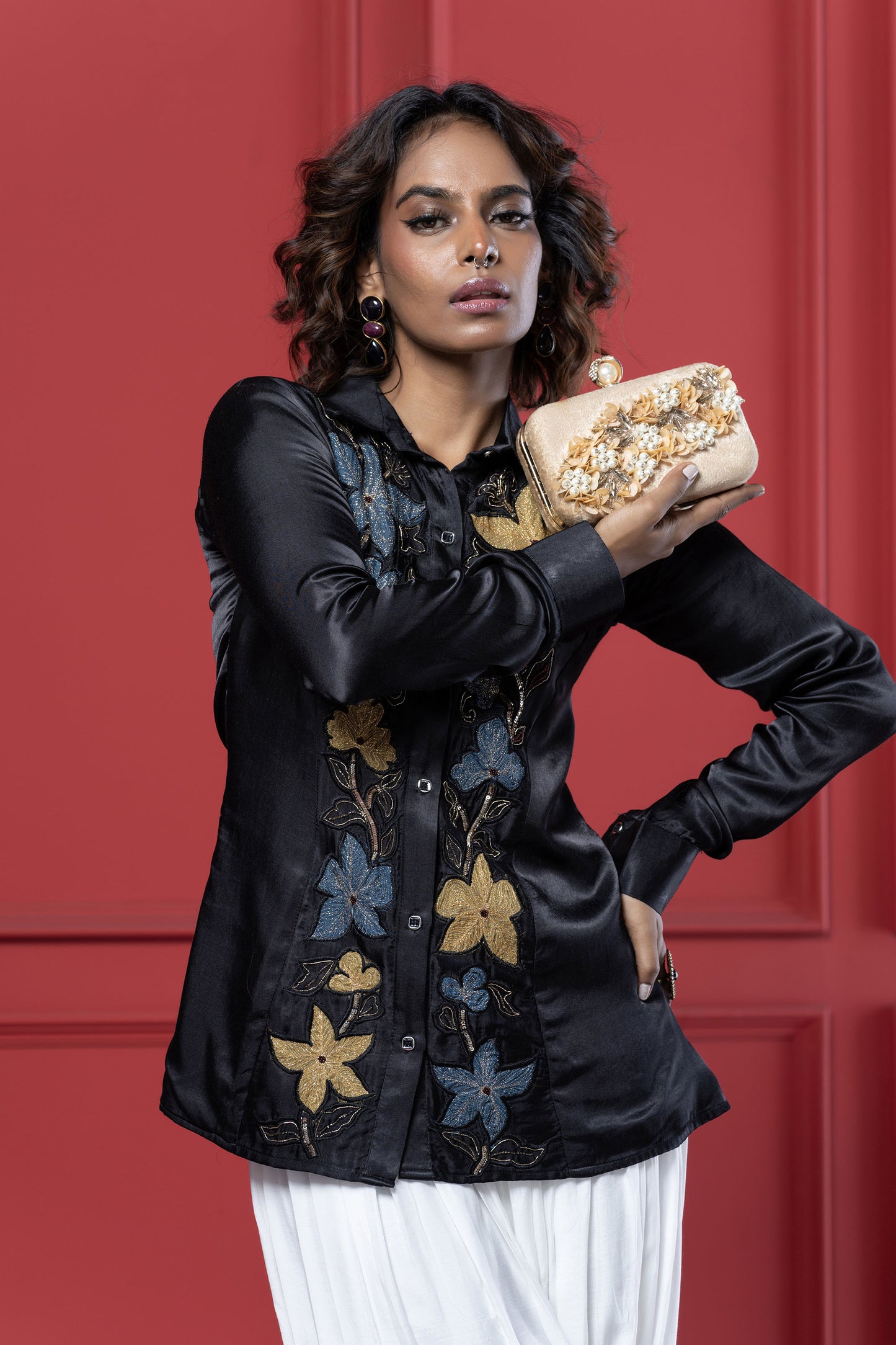 Black Flower Patch Dhoti Set